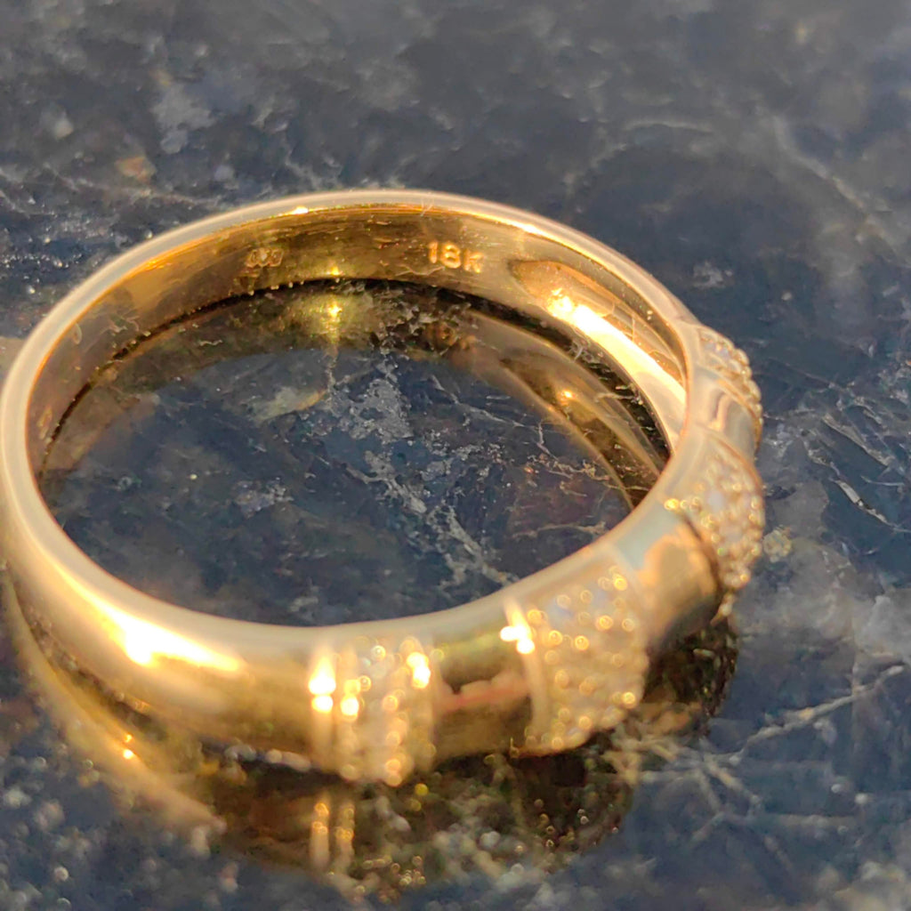 Vintage 18K Gold Diamond Band Ring: 1980s Bamboo Design