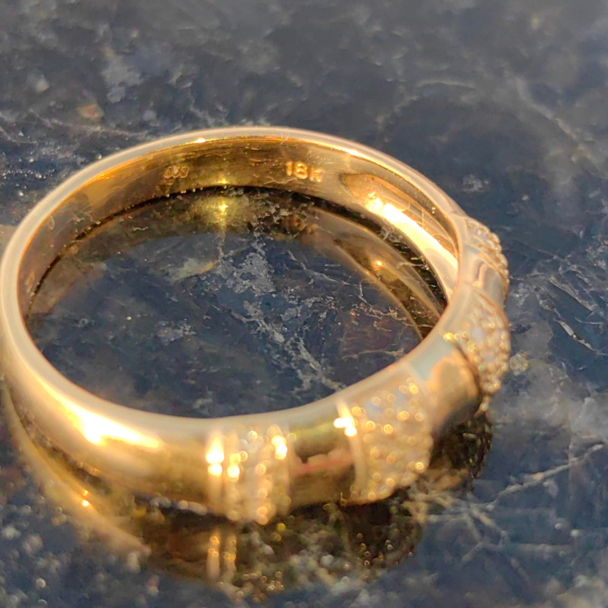 Vintage 18K Gold Diamond Band Ring: 1980s Bamboo Design