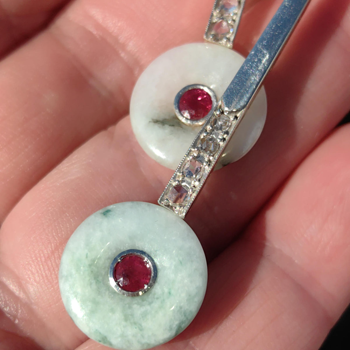 Unic Art Deco white/green Jade Drop Dangle Earrings old cut Diamond Natural Ruby 14k Solid white/yellow Gold ancient Jade discs stunning