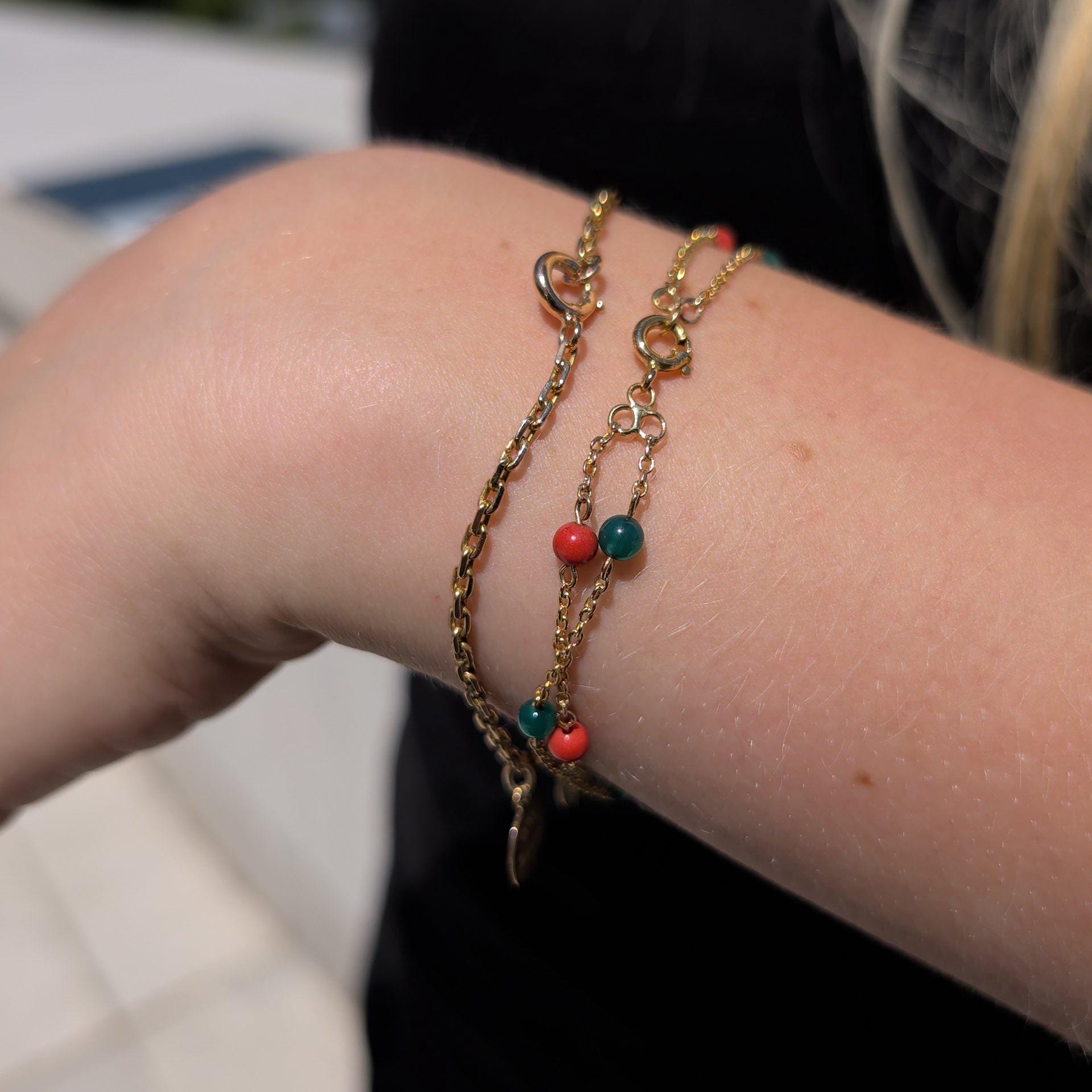 1900s Antique 18k Gold Coral Chrysoprase Beaded Chain Bracelet, 19 cm, 4mm Gemstone Beads, 3.90g Estate Jewelry Gift for Her
