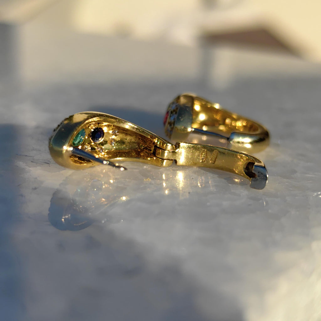 18k Gold Tutti Frutti Gemstone Hoop Earrings: Diamond, Ruby, Sapphire, Emerald