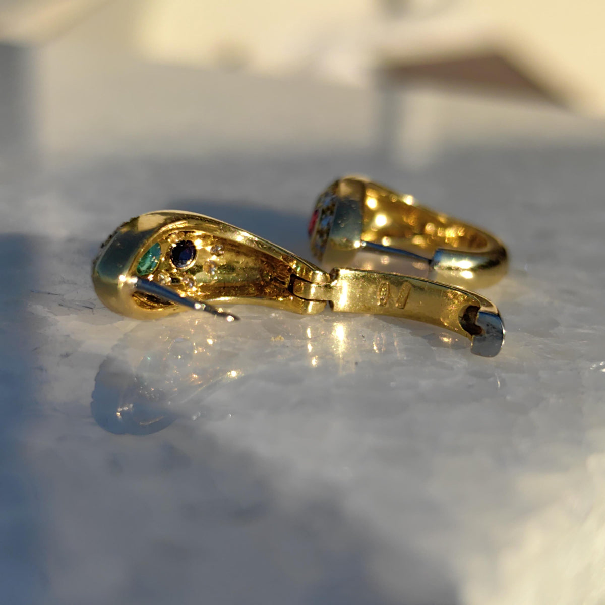 18k Gold Tutti Frutti Gemstone Hoop Earrings: Diamond, Ruby, Sapphire, Emerald