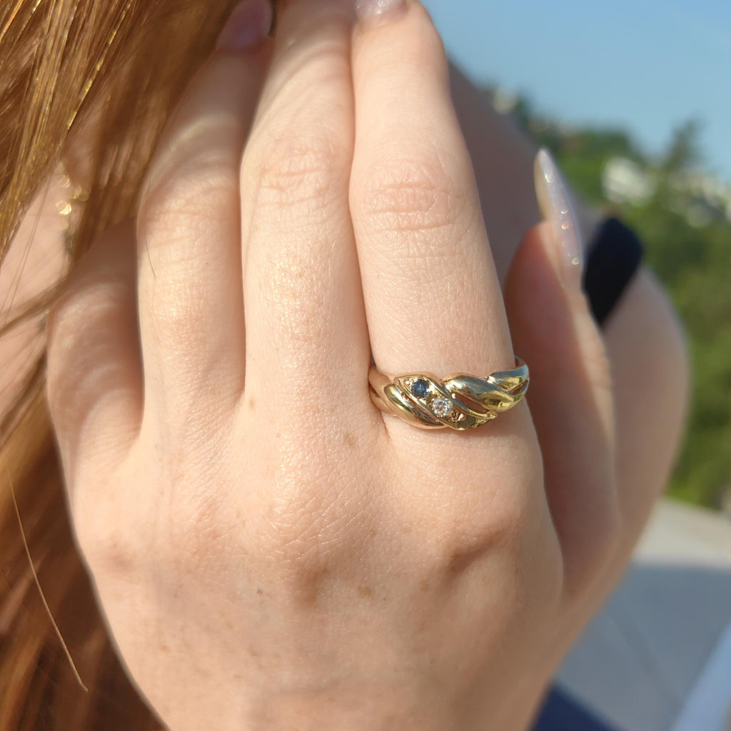 Natural Green Emerald Blue Sapphire Diamond 14k Solid Yellow Gold Vintage Antique Wave Shaped  Multi Stone Elegant Band Engagement Ring