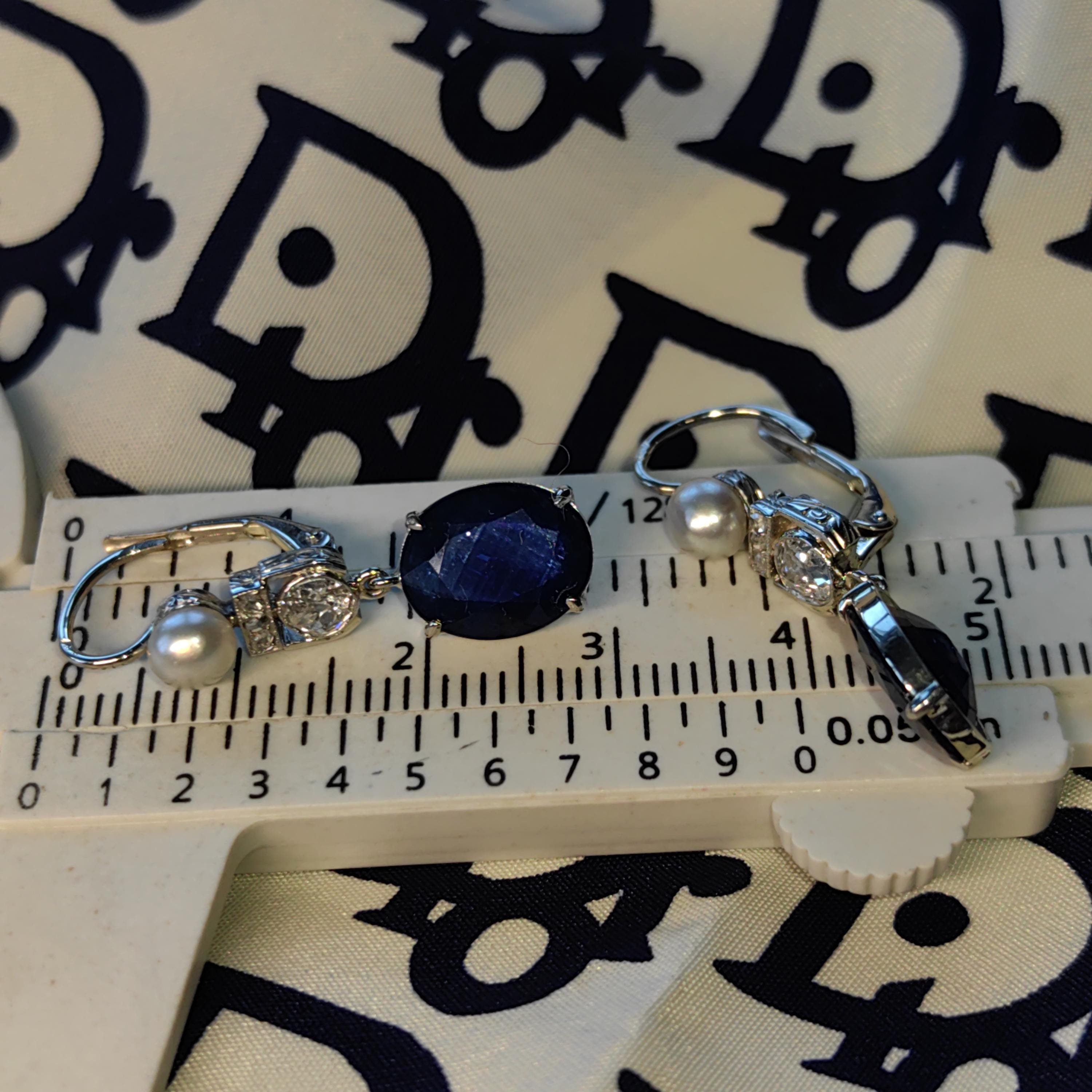 Art Deco Natural Sapphire Diamond Pearl Solid 18k White Gold Dangle Drop 1920s Antique Vintage Elegant Edwardian Earrings Gift for Her