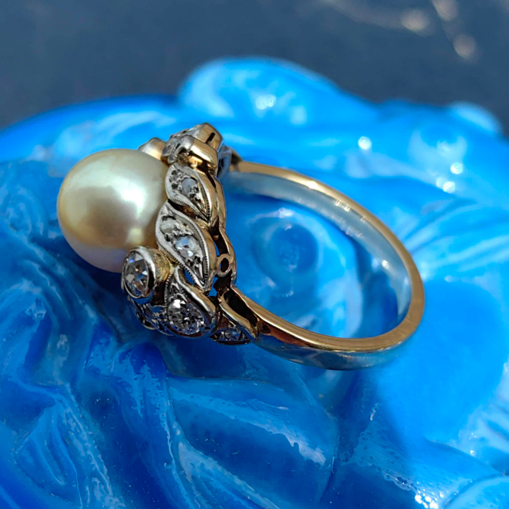 1920s Art Deco Pearl Diamond Ring: 14k Gold Wedding Engagement Ring