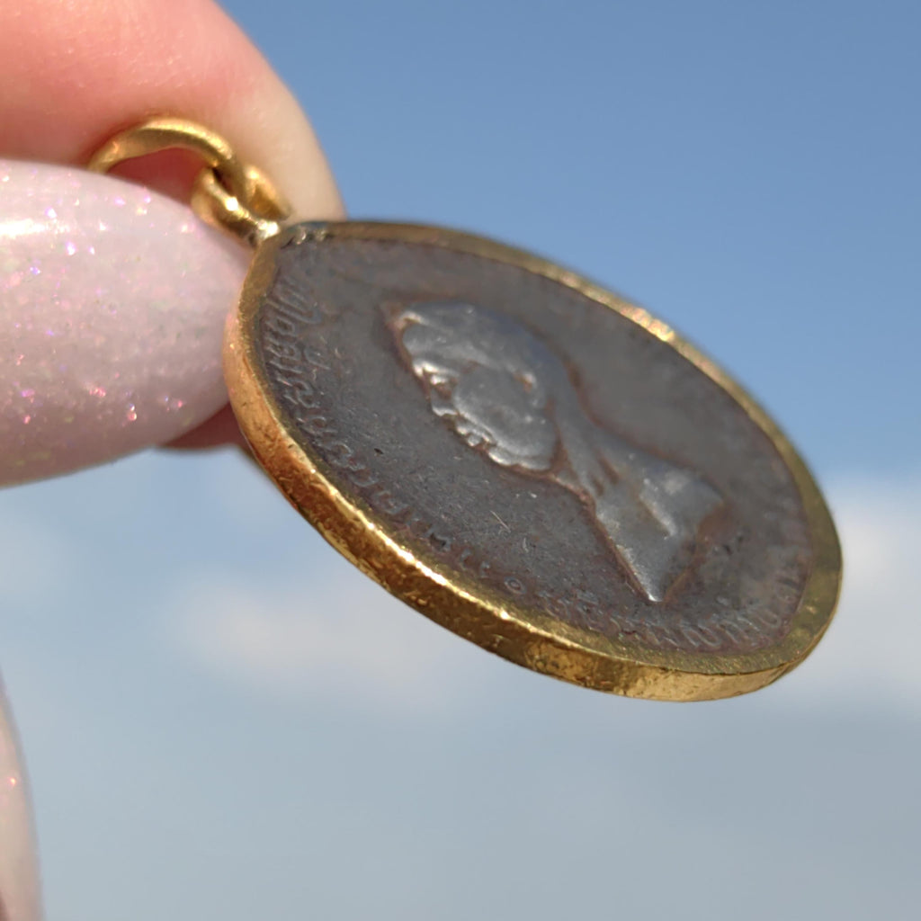 1906 Cambodia Silver Coronation Medal Pendant: 18k Gold Frame, Rare Asian Coin