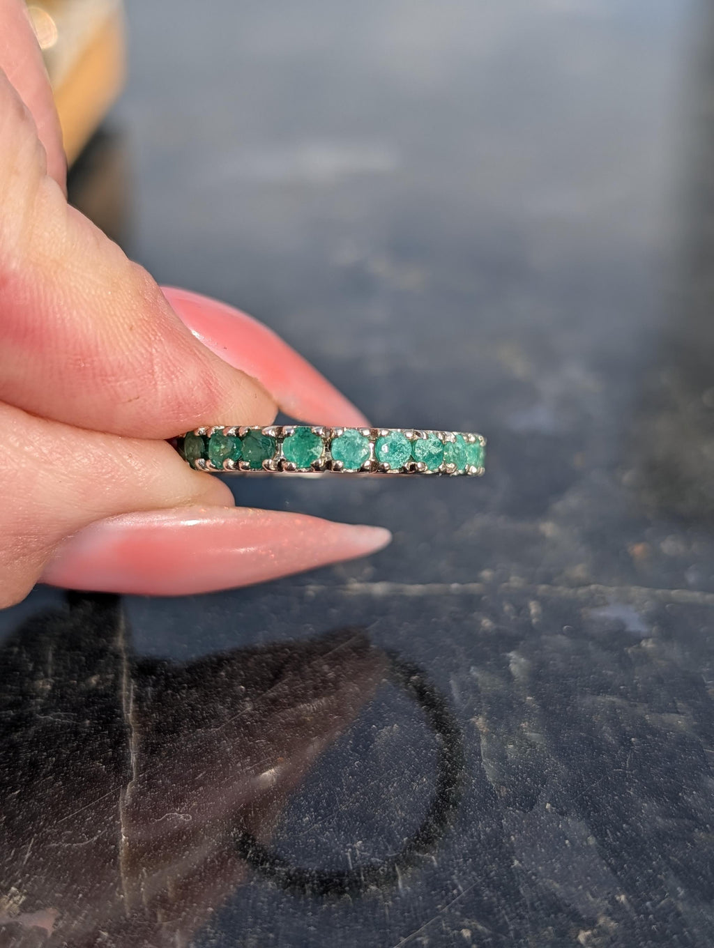 Vintage Natural Emerald Eternity Setting18k Solid White Gold Ring  Stackable Green Engagement  Band Gift for Her Present
