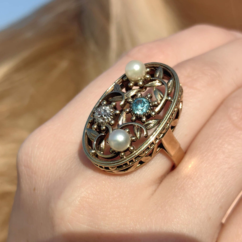 Antique 14k Solid Yellow Rose Gold Art Nouveau 1900s Elegant Ring Diamond, Pearl & Blue Zirconia Floral Handmade Statement Ring