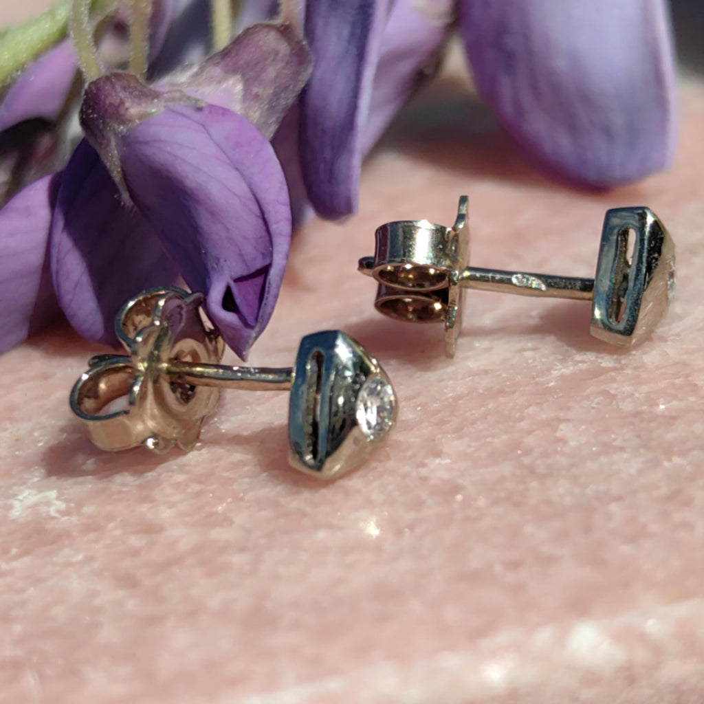 Diamond 14k Yellow Gold Triangle Stud Earrings: Geometric Art Deco
