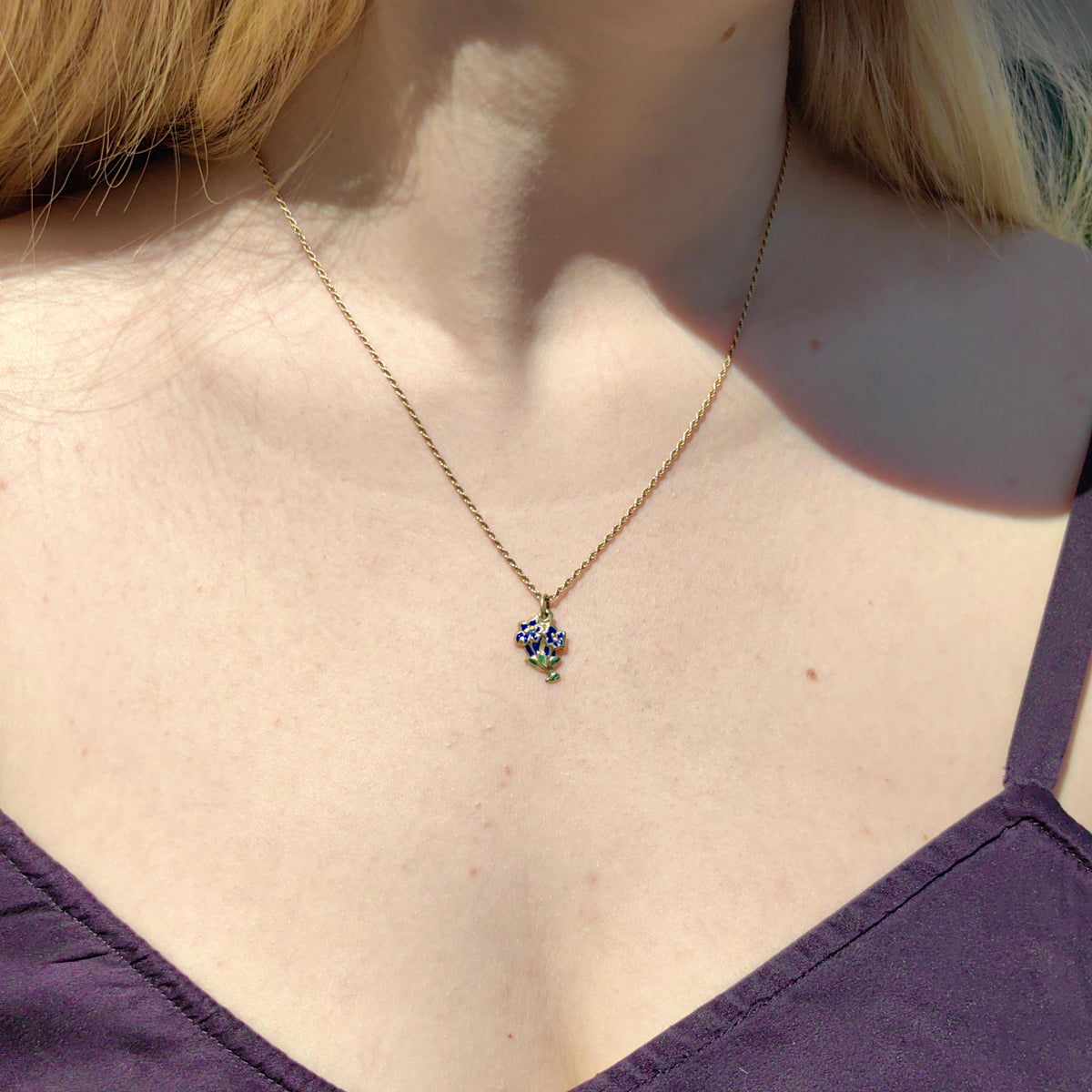 14k Gold Art Deco Floral Pendant: Hand Painted Enamel Flower Charm