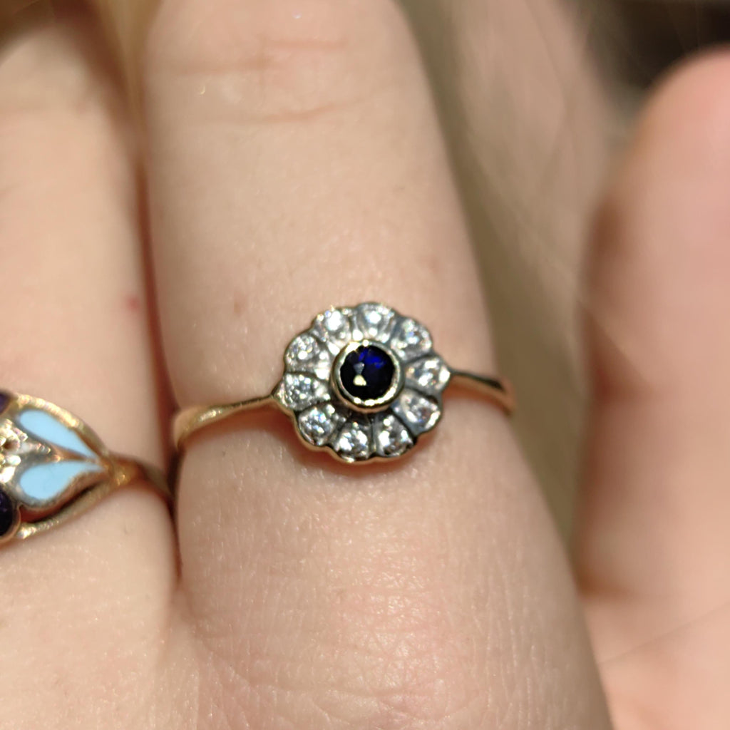 Mid-Century Sapphire Diamond Ring: 14k Gold Floral Engagement Ring, Size 8