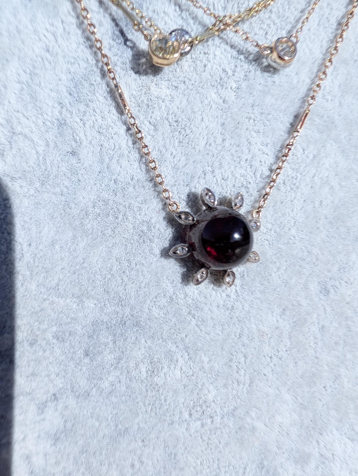 Victorian Garnet Necklace 14K Gold Floral Pendant Antique 1890s Handmade Red Cabochon Garnet Charm Vintage Necklace Gift for Her