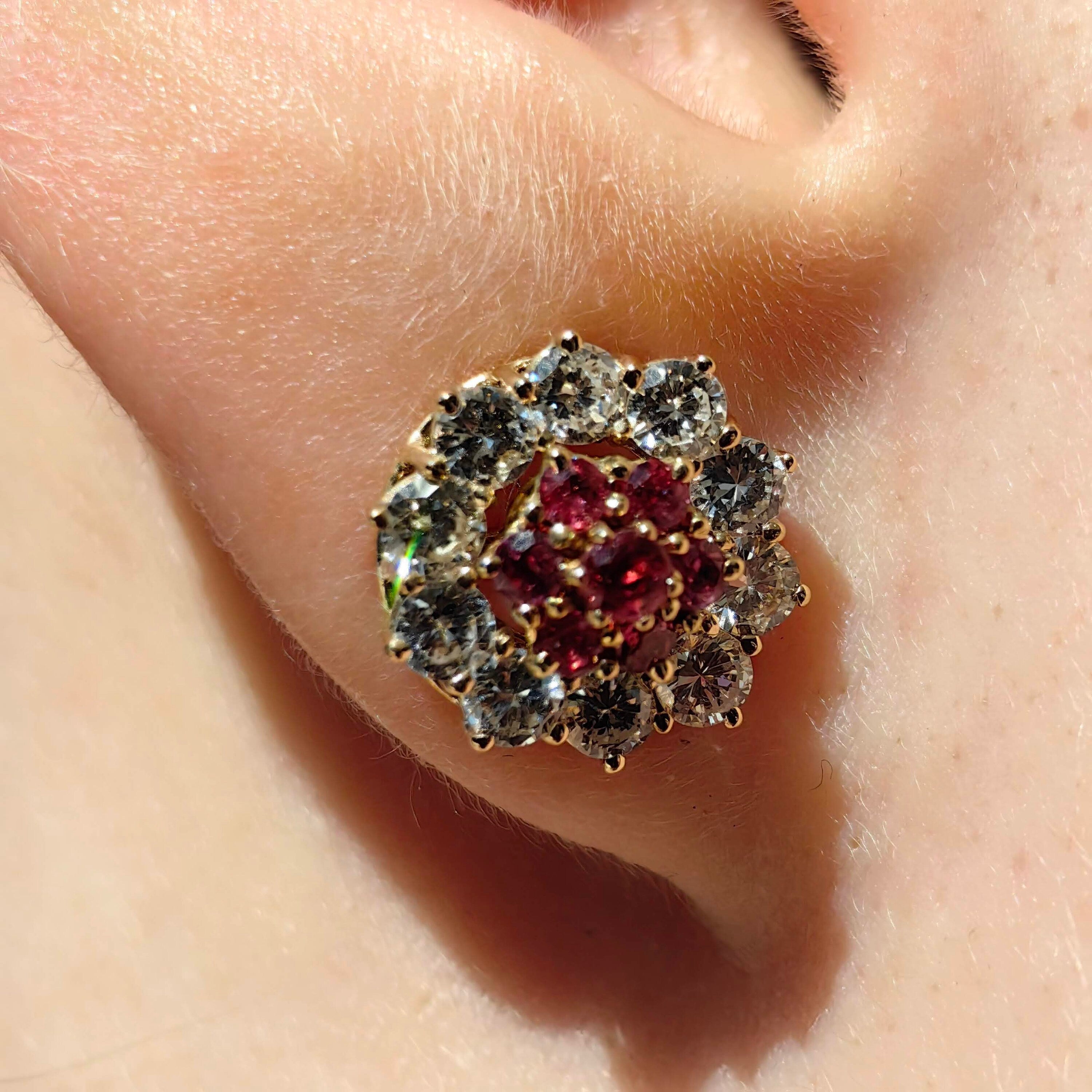 Vintage 18K Gold Floral Earrings: Ruby and Diamond Studs