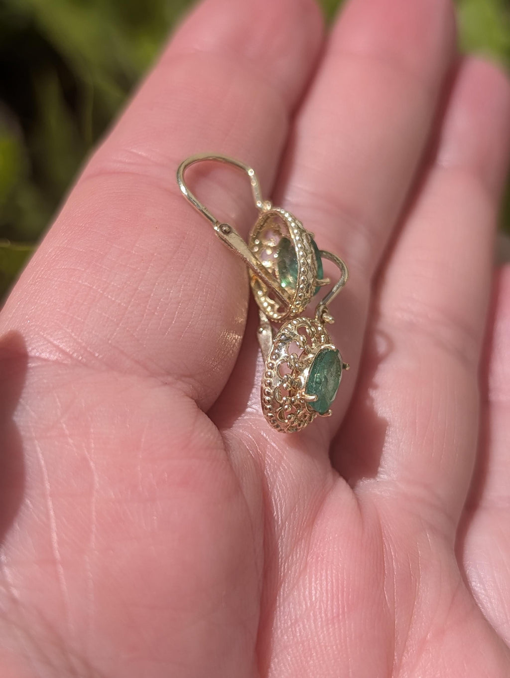 Late Art Deco 1940s Emerald Earrings, 14k Yellow Gold Natural Emerald Drop Earrings, Vintage Heirloom Fine Dangle Earrings Gift for Her