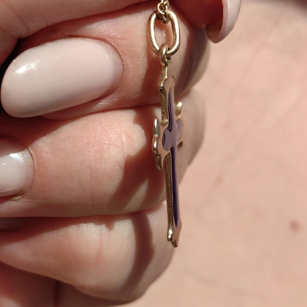 14k Yellow Rose Champagne Solid Gold Latin Cross  Catholic Pendant Blue Purple Enamel Christian Jewelry Gift Present