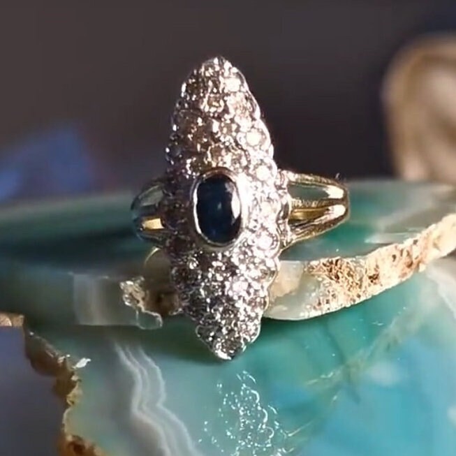 Sapphire and Diamond Marquise  14k Solid Gold Art Deco Antique Ring