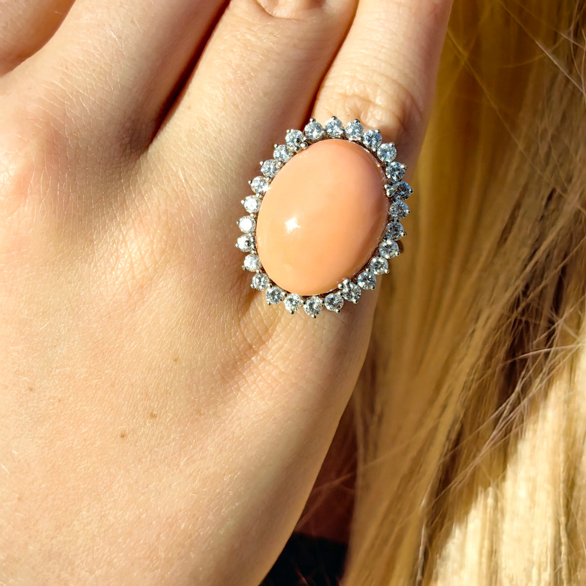 1960s Mid-Century Angel Skin Coral Diamond Ring, 21mm Coral, 1.30ct Diamonds, 18k White Gold, US 5