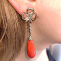 Edwardian Coral Diamond Dangle Earrings 14k Gold 1.3ct Antique 1910s Drop Earrings