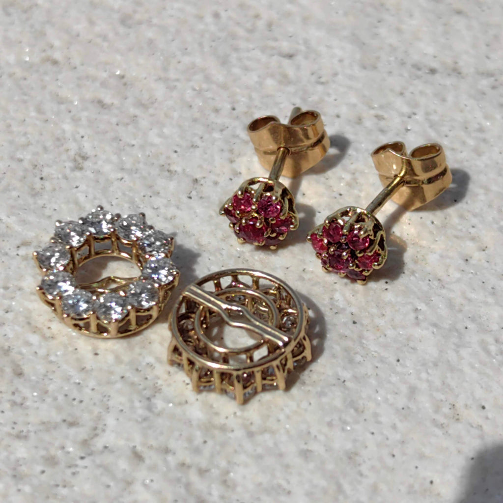 Vintage 18K Gold Floral Earrings: Ruby and Diamond Studs