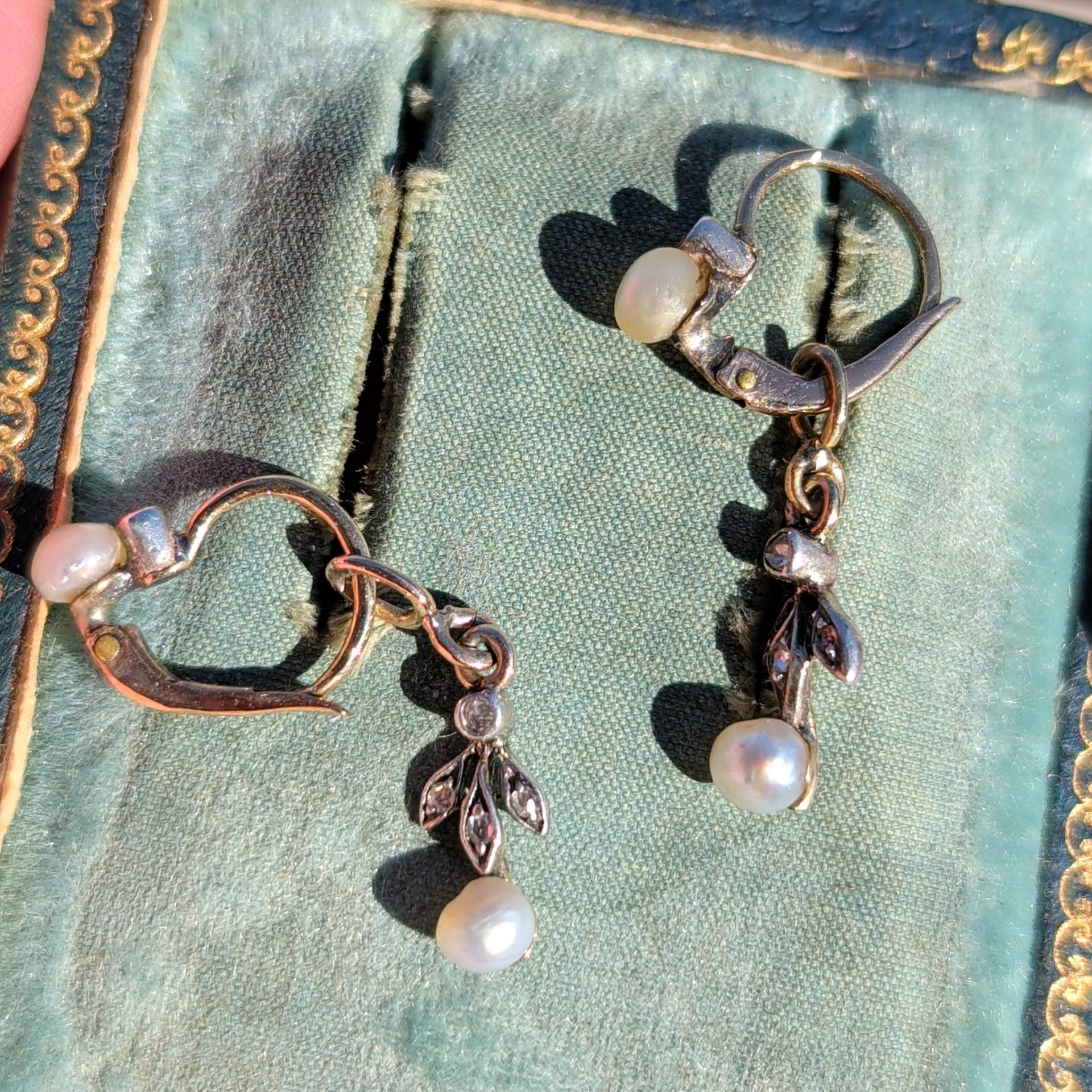 Natural Pearl and Diamond 1900s Art Nouveau Vintage 14K Solid Yellow Rose Gold Dangle Drop Elegant Dainty Feminine Earrings Gift for Her