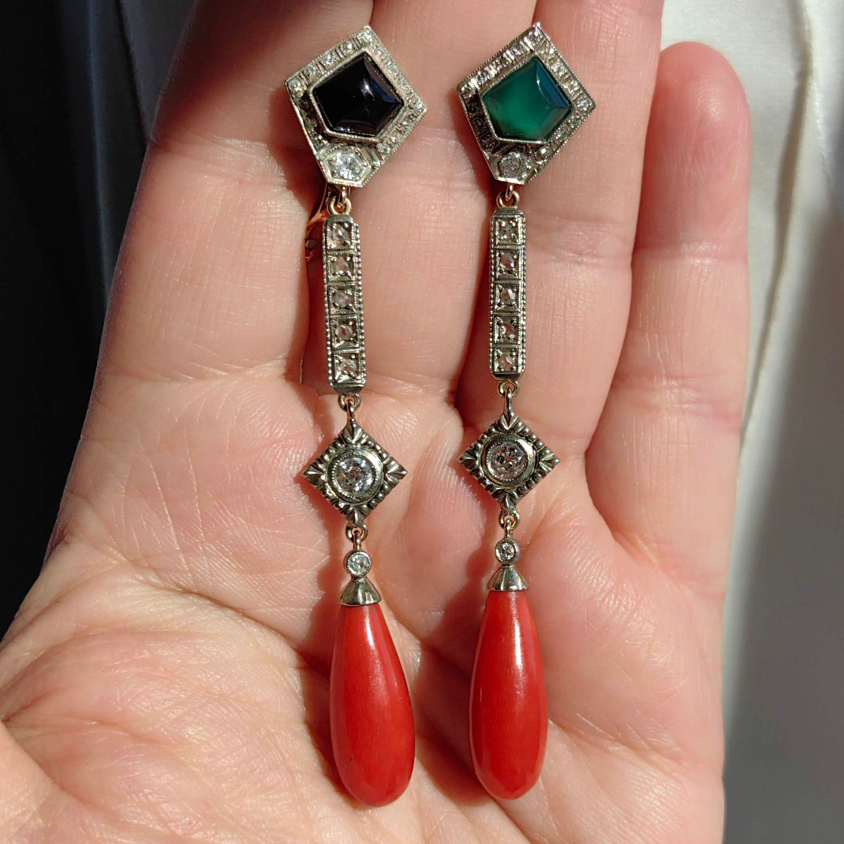 Art Deco Coral Onyx Diamond 14k Gold Dangle Earrings, 1920s Vintage