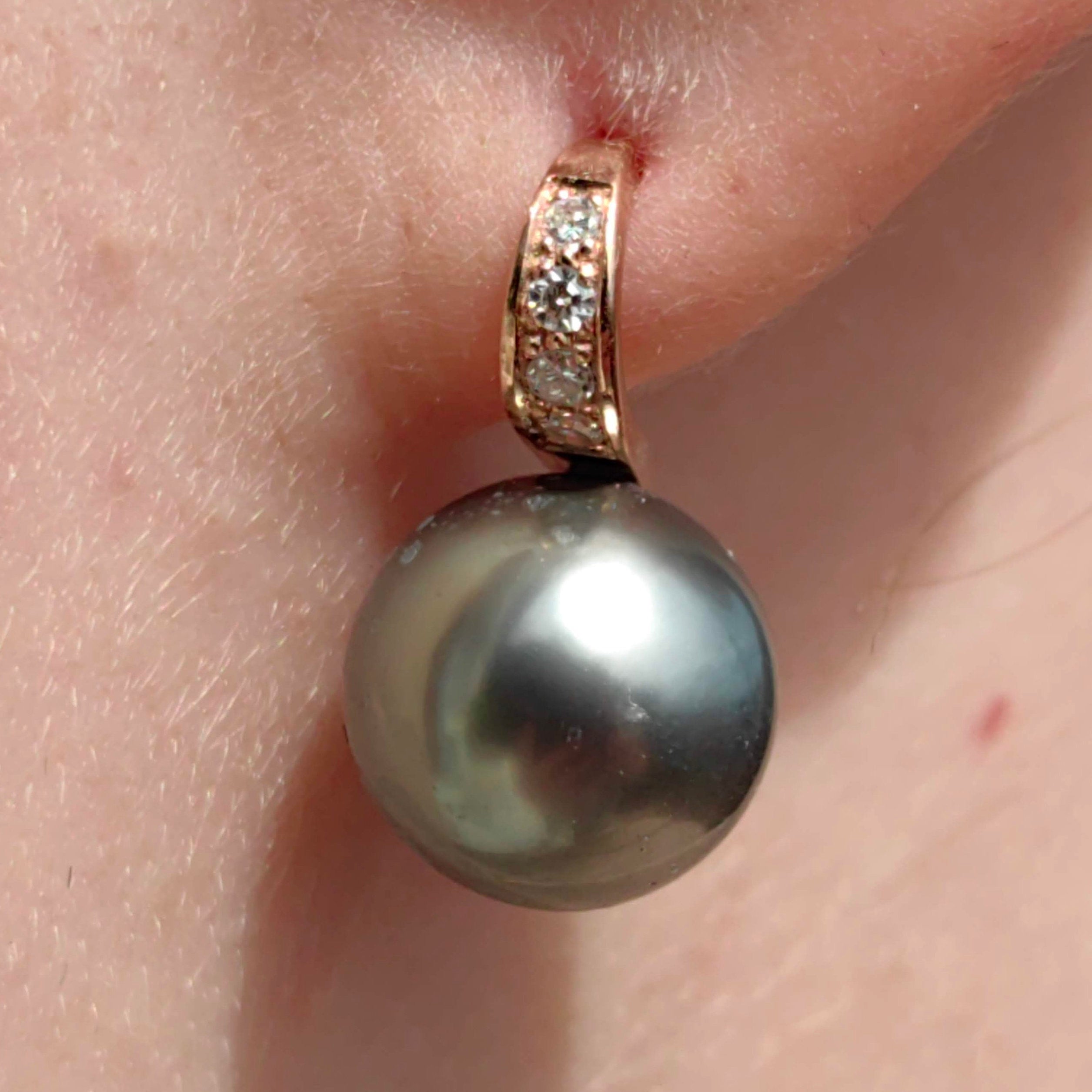 Vintage 15mmTahitian Cultured Franch Polinesia Pearl Diamond 14K Solid Gold Stud Earrings