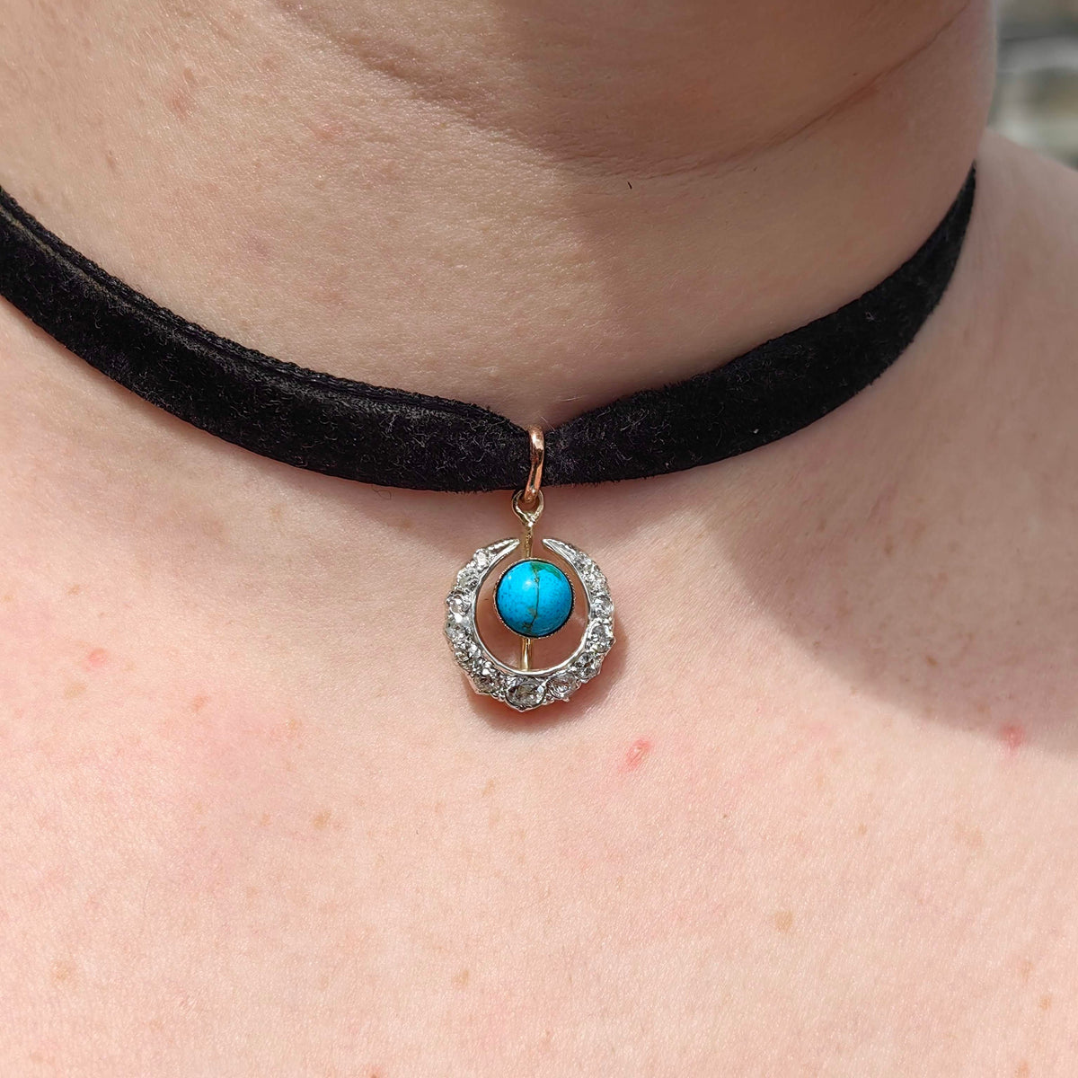 Art Nouveau Antique Vintage Turquoise and Diamond Gold Moon Pendant