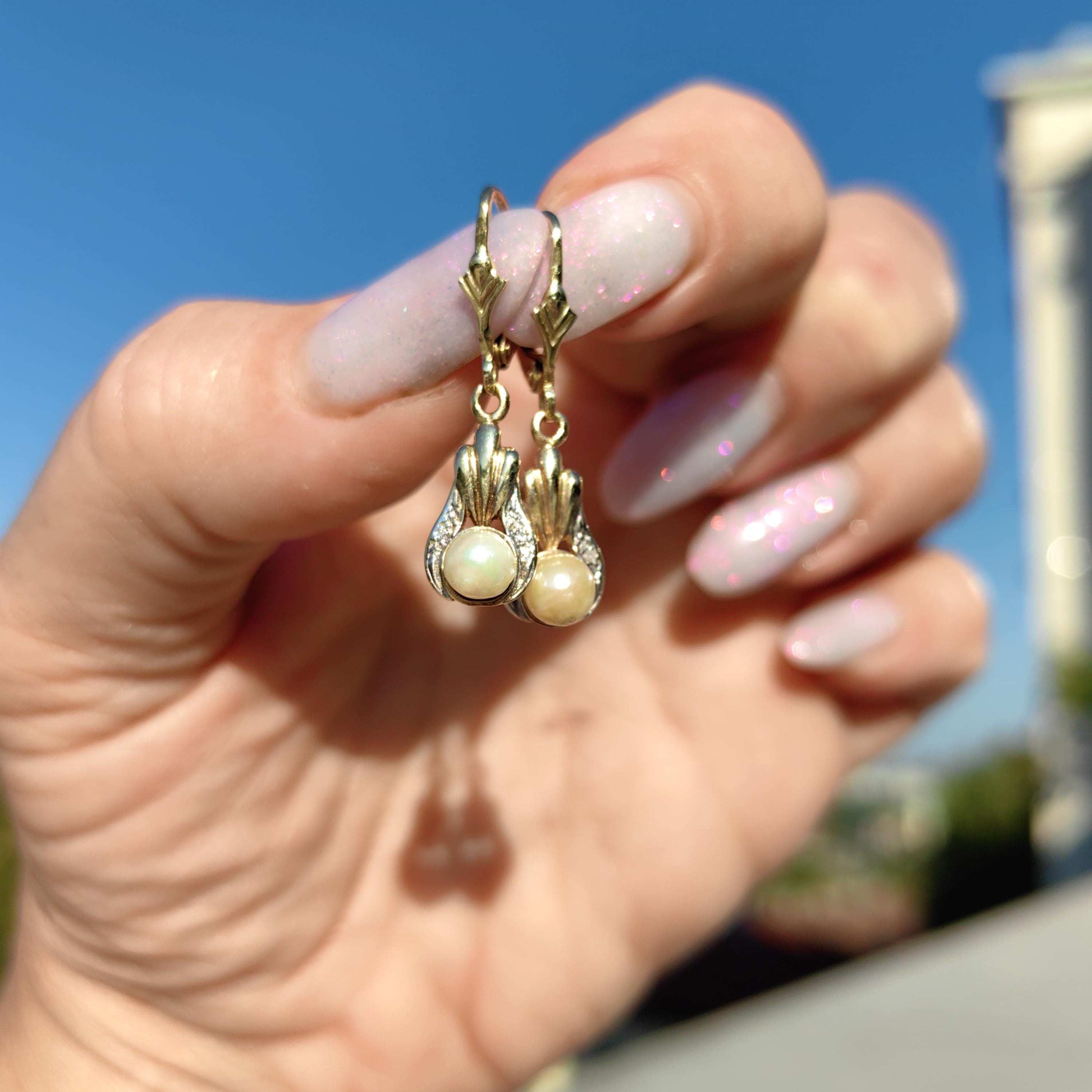 Vintage 14K Yellow Gold Dangle Earrings: Diamond & Cultured Pearl
