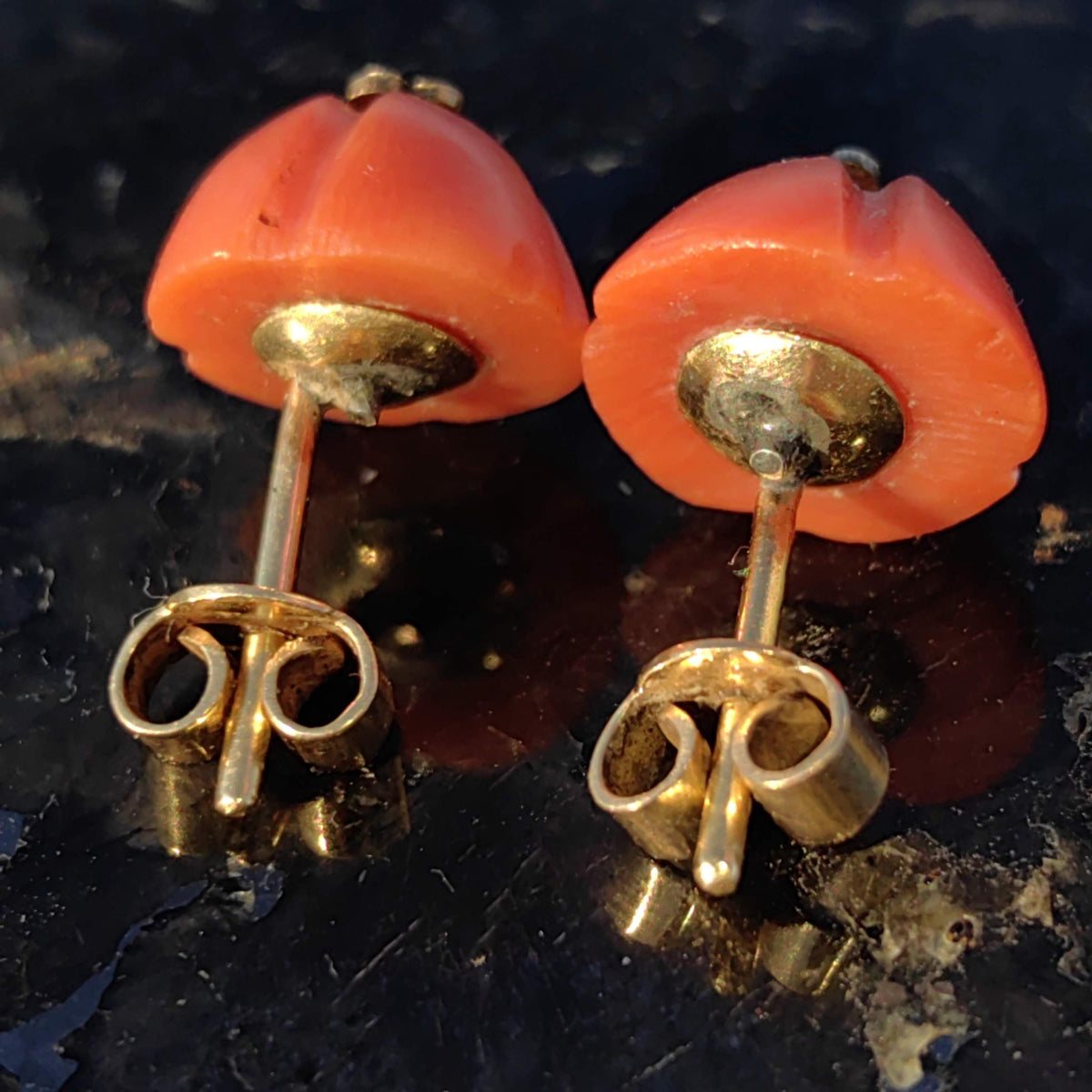 Victorian Coral Stud Earrings: Rose Diamond 18k Gold, Antique 1880s