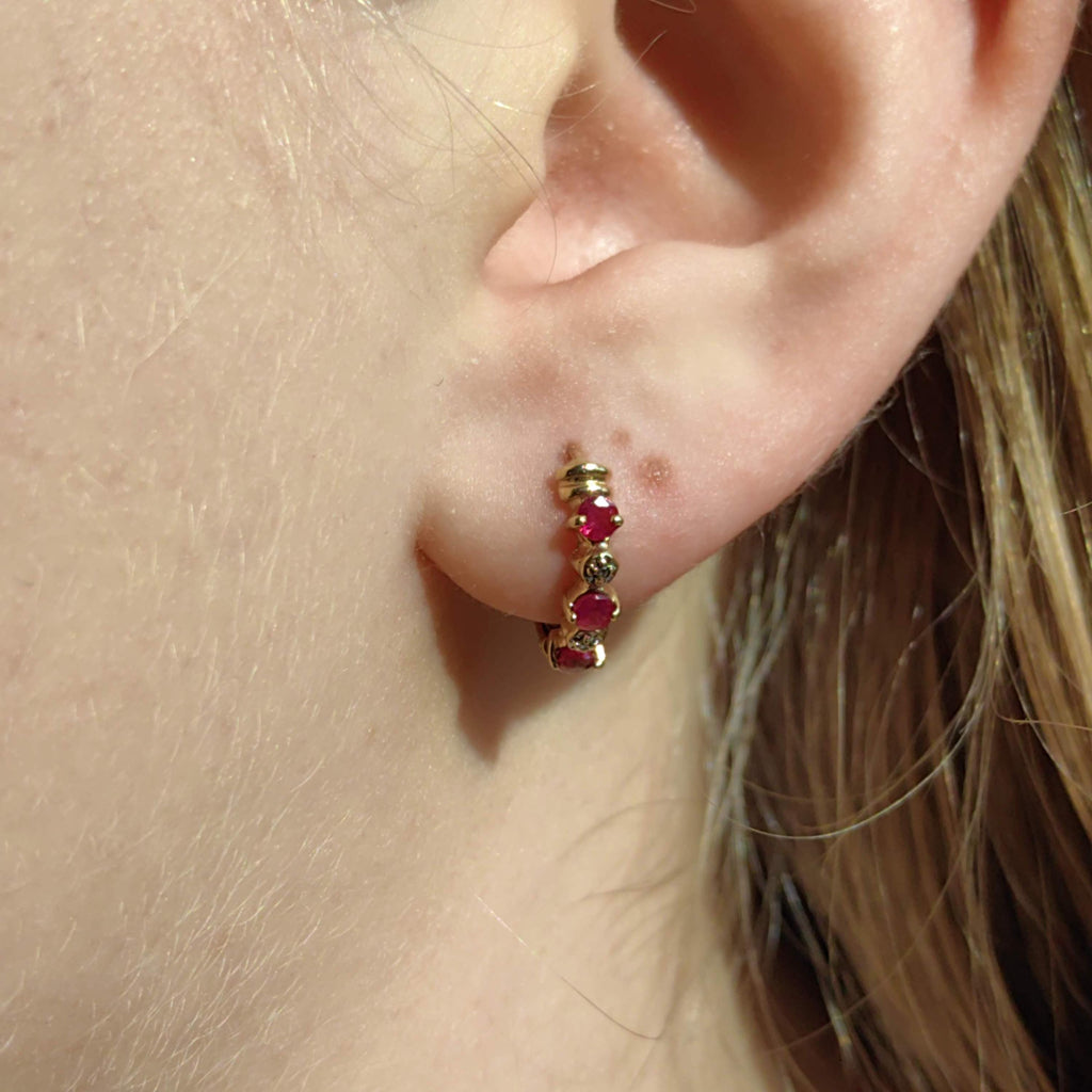 Vintage 14k Yellow Gold Ruby & Diamond Hoop Earrings