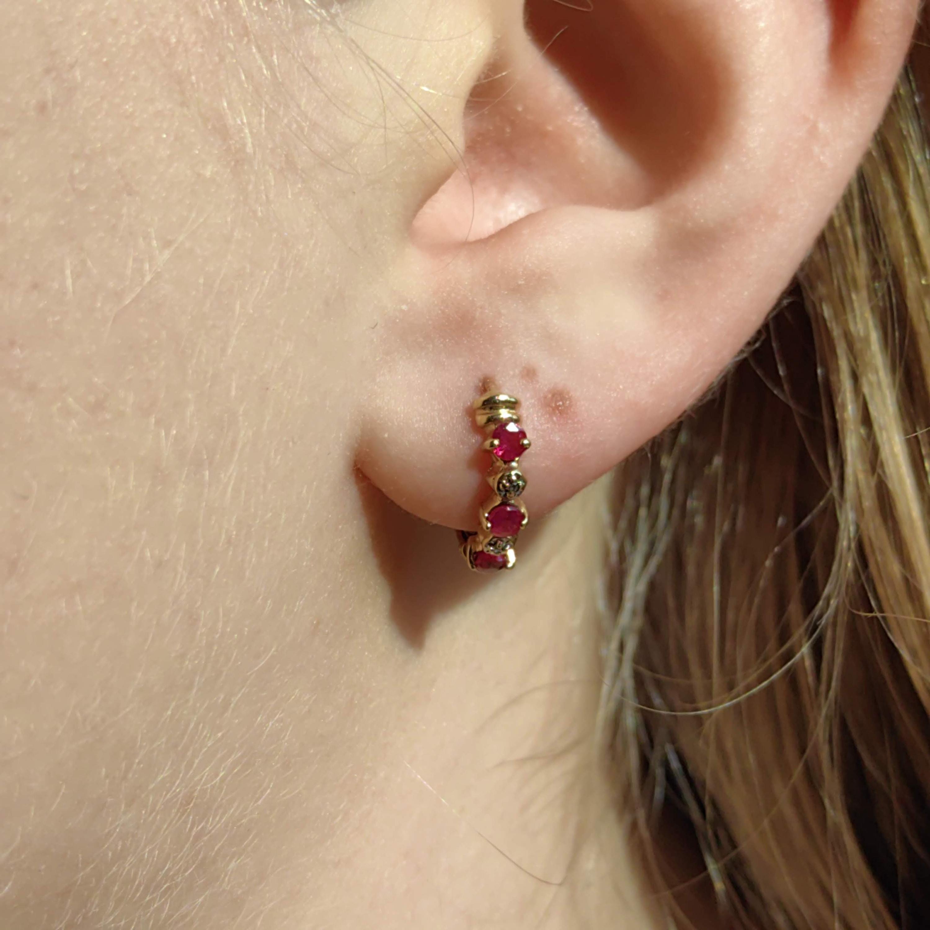 Vintage 14k Yellow Gold Ruby & Diamond Hoop Earrings