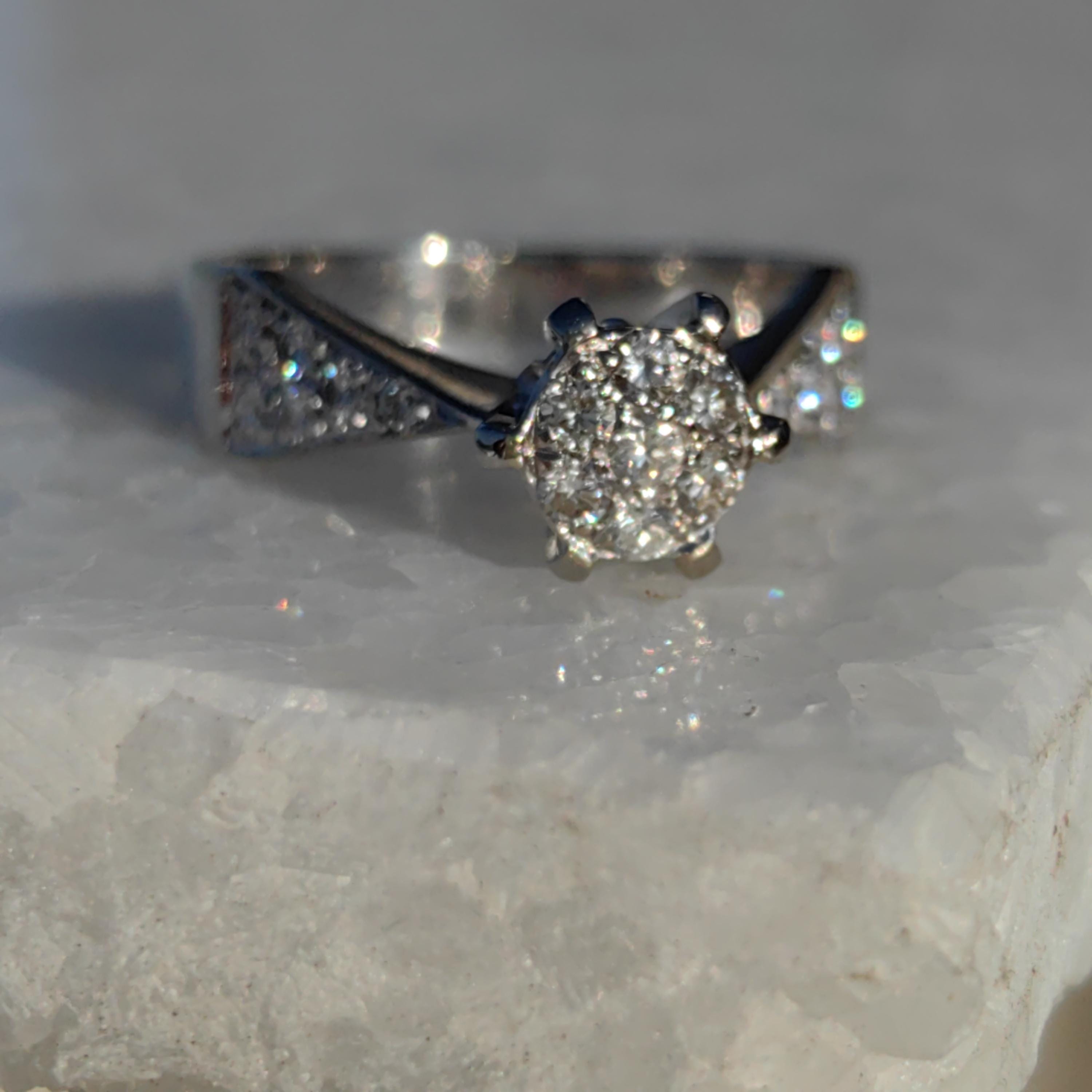 Vintage Diamond Cluster Ring: 14k White Gold Engagement Ring, Size 6.5