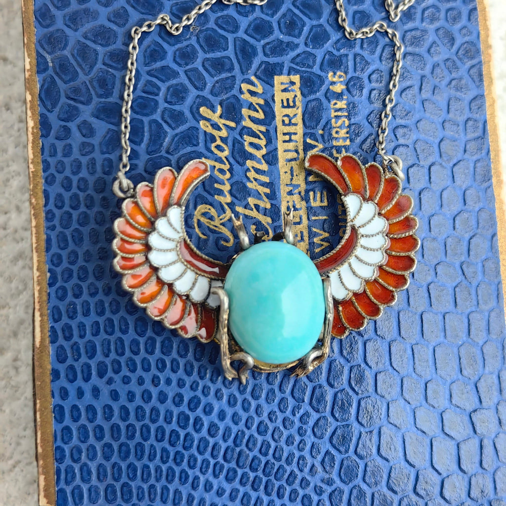 Art Deco Antique Vintage Scarab Ancient Egypt Revival Style Turquoise and Enamel Silver Necklace