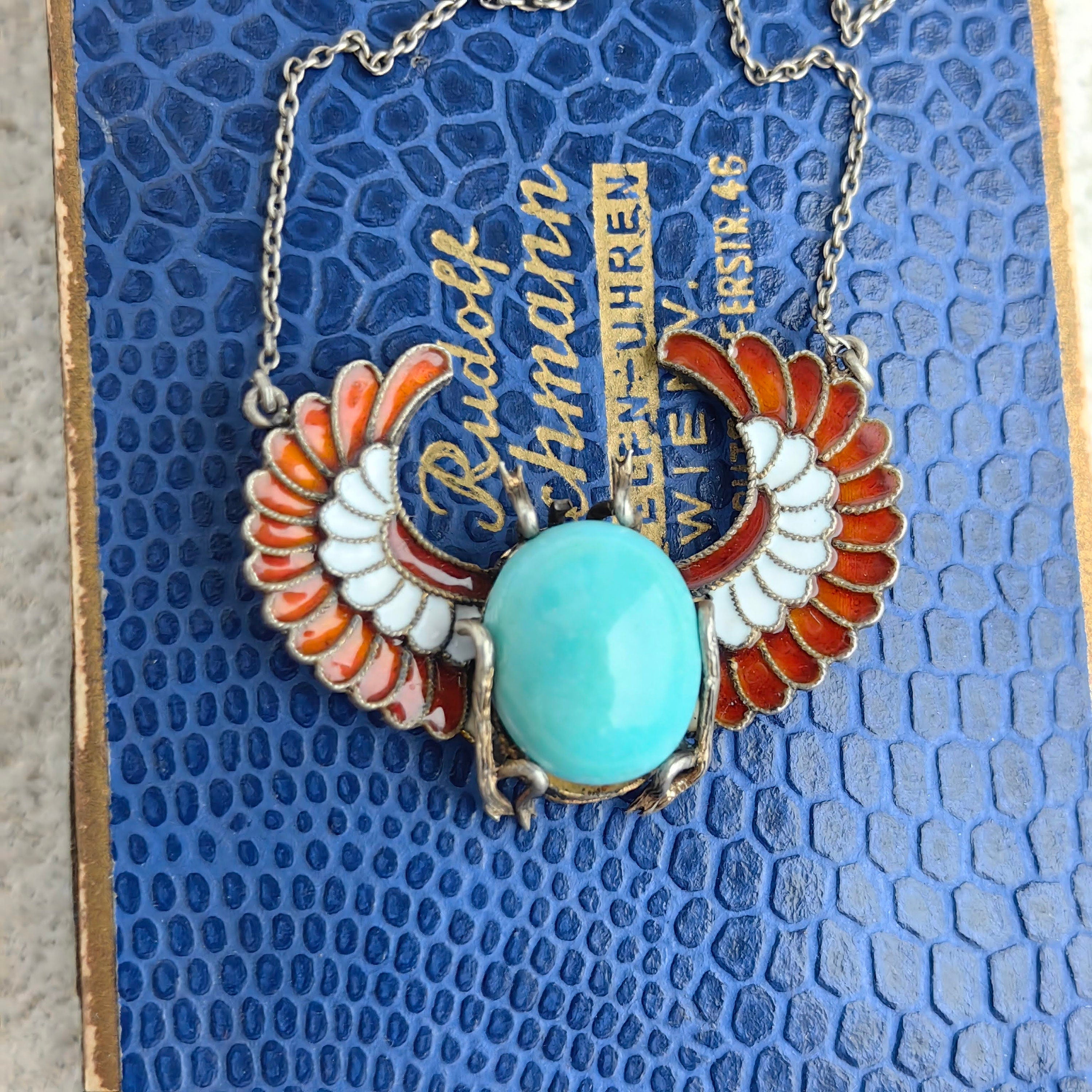 Art Deco Antique Vintage Scarab Ancient Egypt Revival Style Turquoise and Enamel Silver Necklace