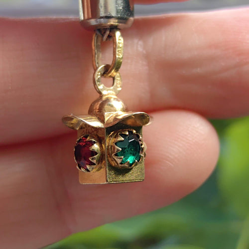 18k Gold Art Deco Pendant: Red & Green Paste Stone Charm