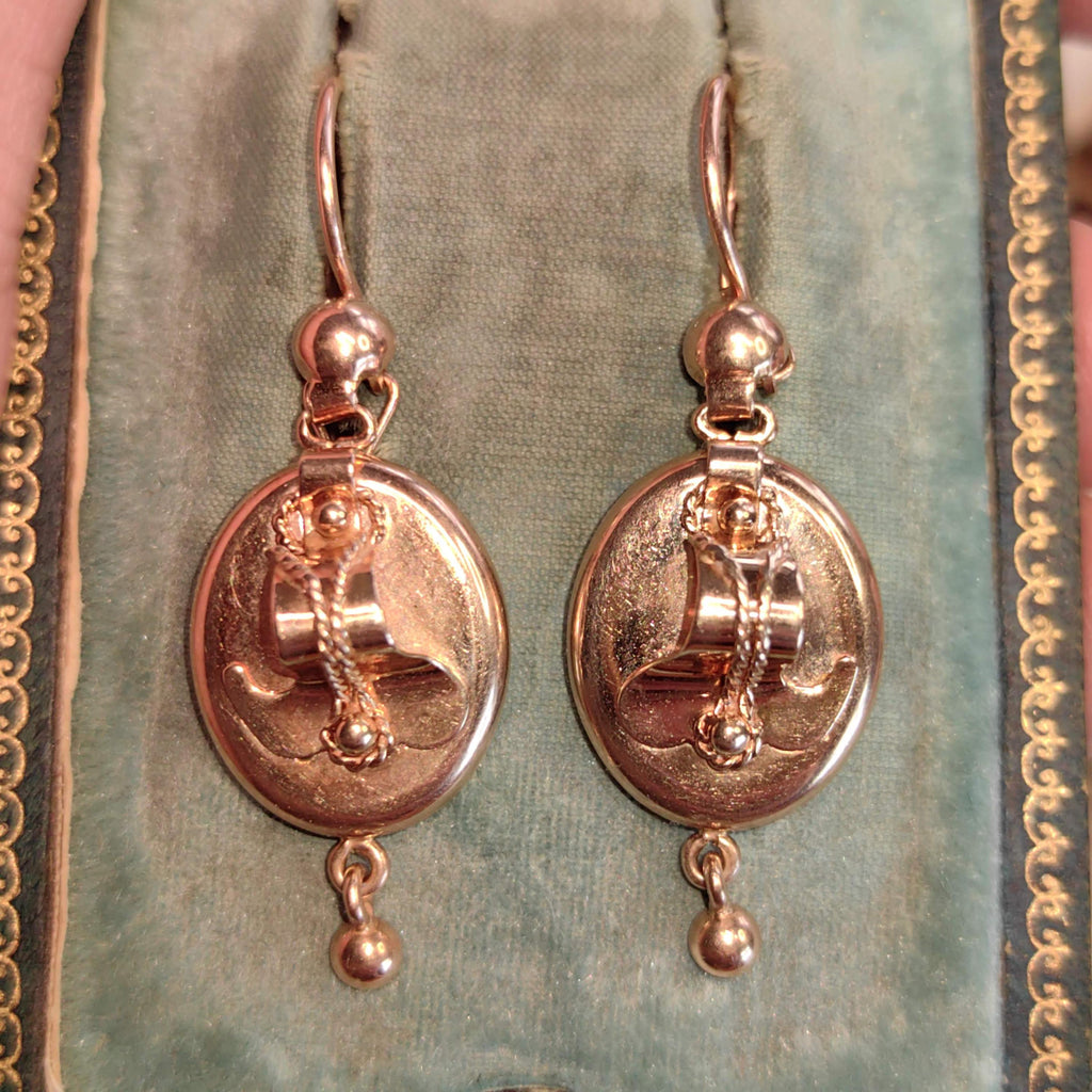 14K Solid Yellow Rose Gold Victorian Style Mid Century Handmade Oval Dangle Statement Elegant  Earrings Gift for Her Present