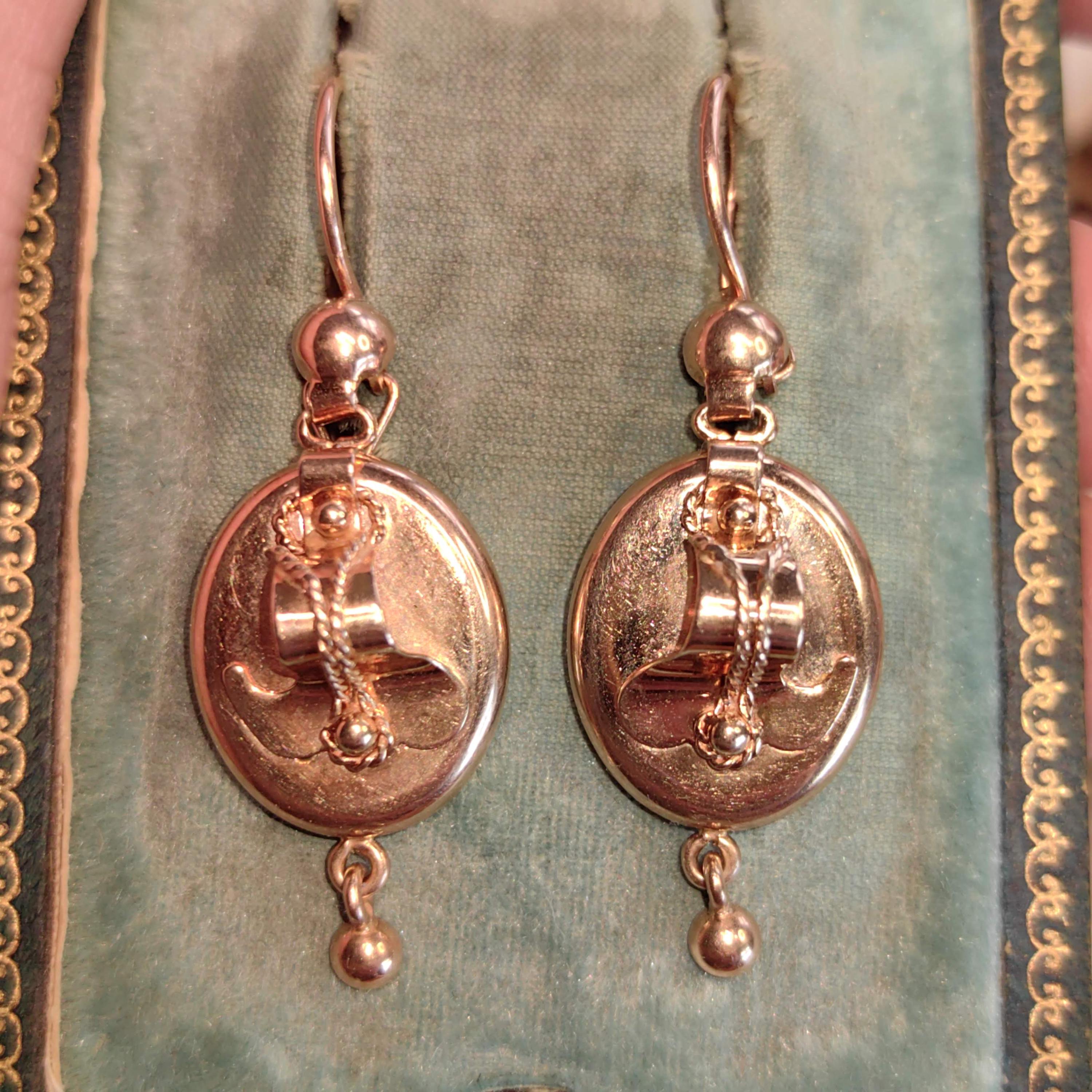 14K Solid Yellow Rose Gold Victorian Style Mid Century Handmade Oval Dangle Statement Elegant  Earrings Gift for Her Present