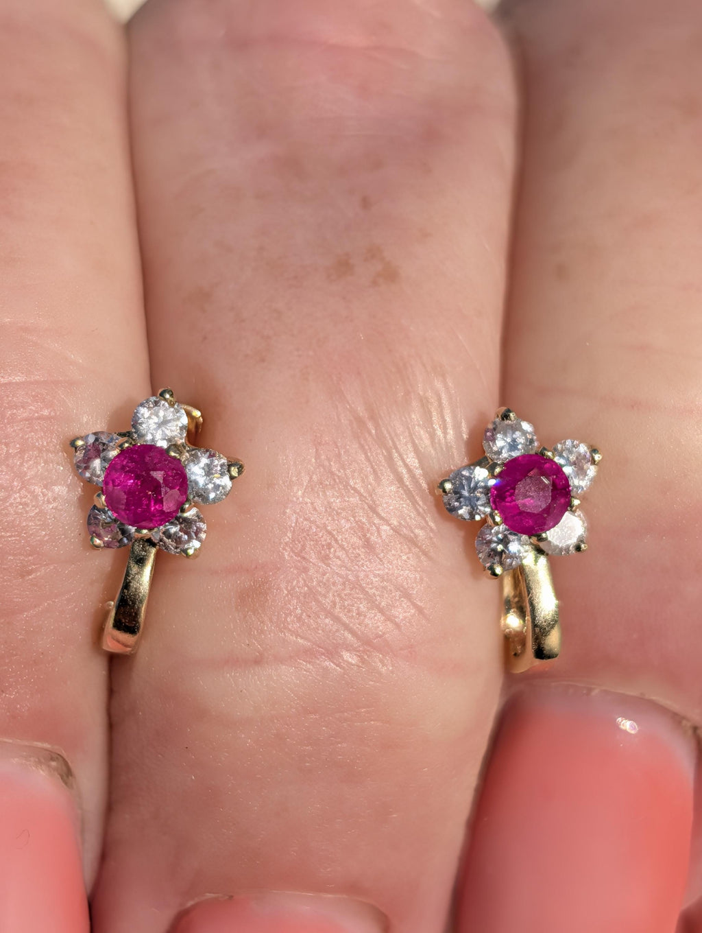 Vintage Ruby Diamond Stud Earrings 14K Gold Floral Earrings Natural Ruby Diamond Antique Latch Back Earrings Gift for Her