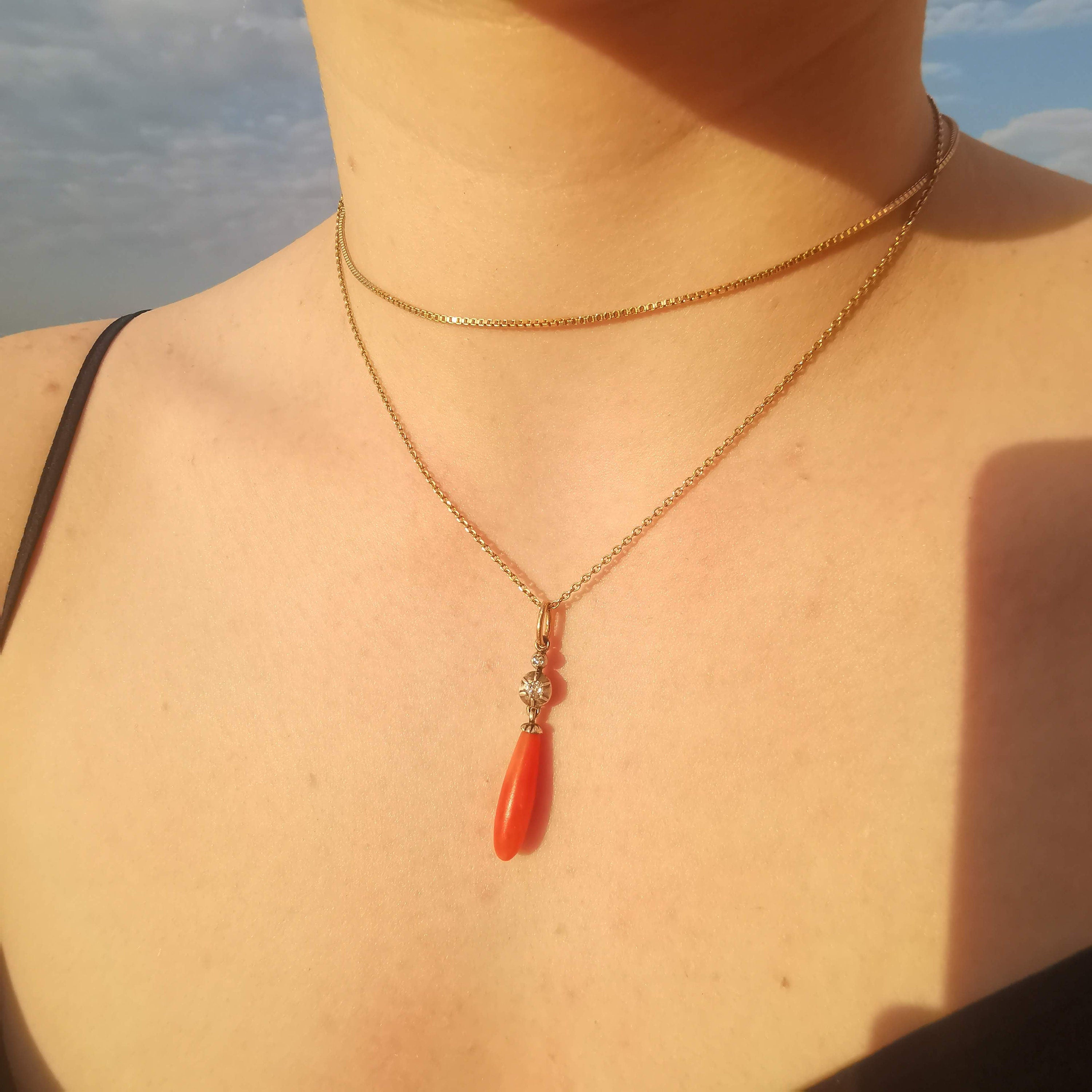 Victorian Red Mediterranean Natural Coral Diamond Pendant 14k Solid Yellow Rose Gold & Silver Antique 1880s Drop Dangle Pendant Charm