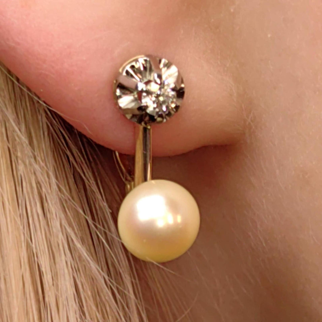 Natural Pearl and Diamond Solid 18k Solid Yellow Gold, Handmade Antique 1940s Elegant Earrings Gift for Her Present