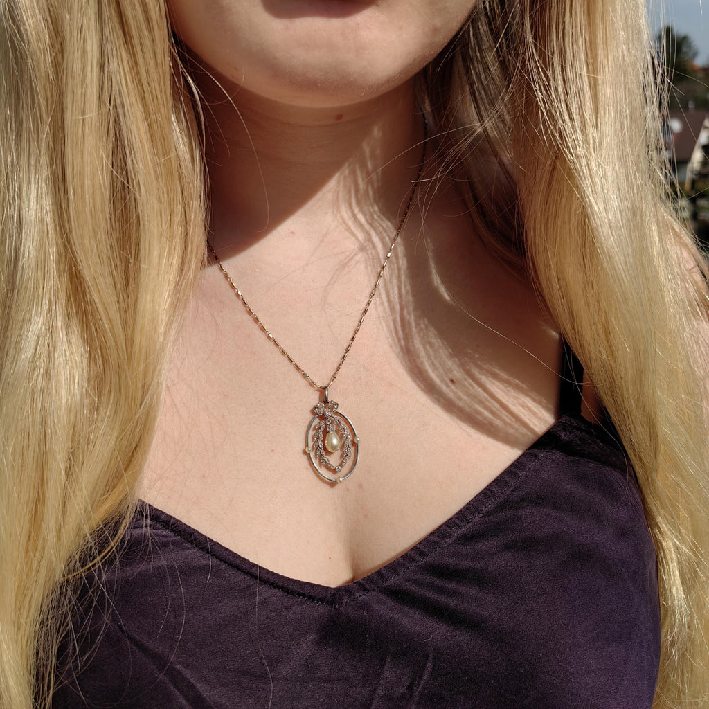 Art Nouveau Diamond Pearl Pendant: 18k Gold Platinum Edwardian Jewelry