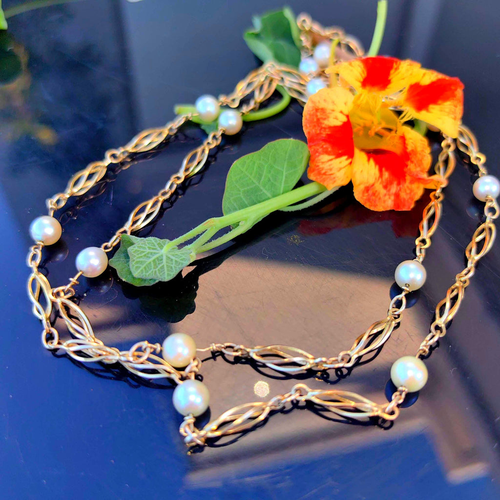Vintage 14k Gold Pearl Beaded Chain Necklace - 73cm Art Deco Gift