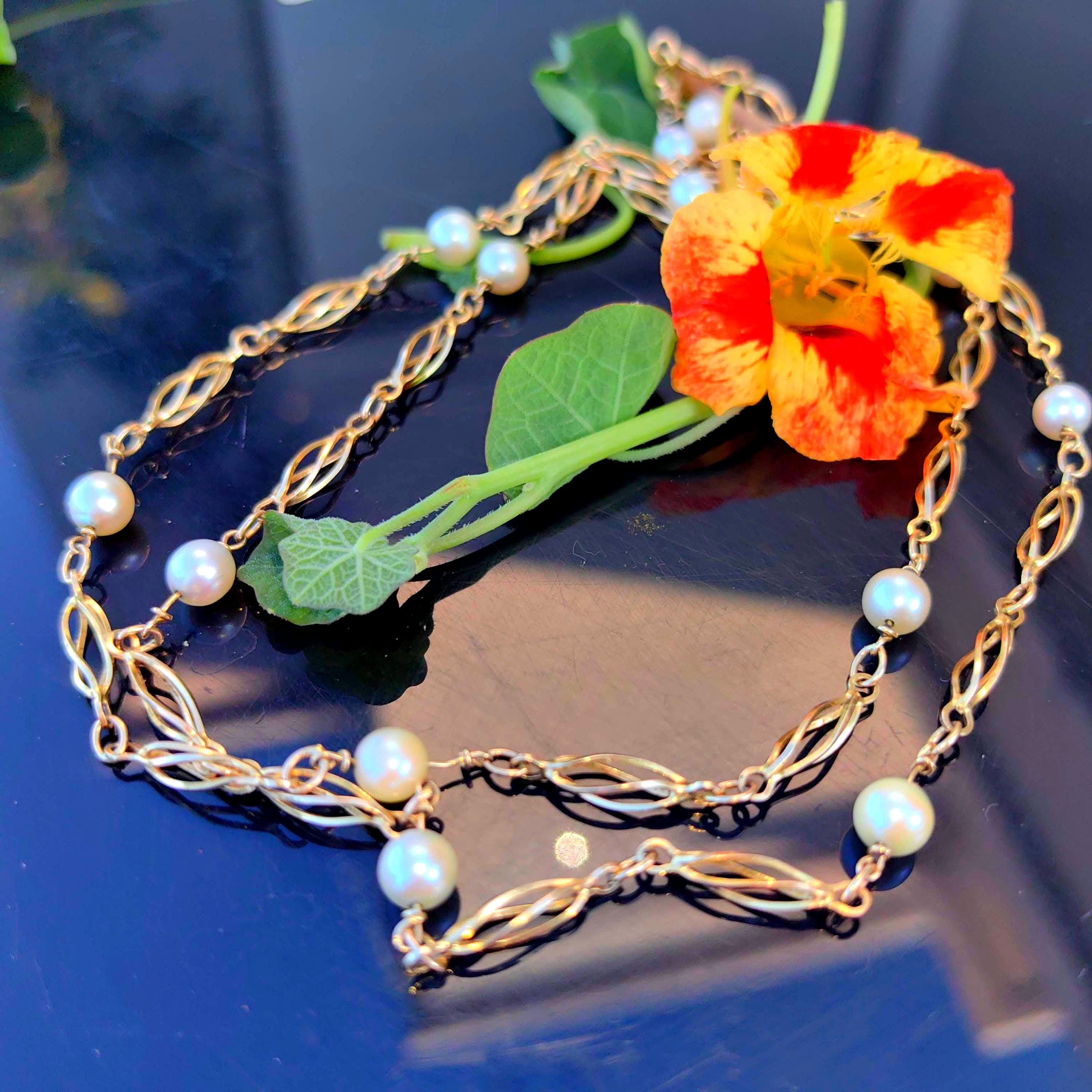 Vintage 14k Gold Pearl Beaded Chain Necklace - 73cm Art Deco Gift