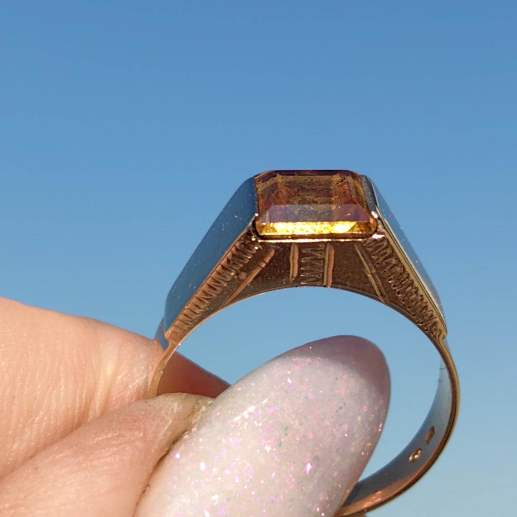 Art Deco Citrine Statement Ring: 14k Yellow & Rose Gold, 1940s Vintage