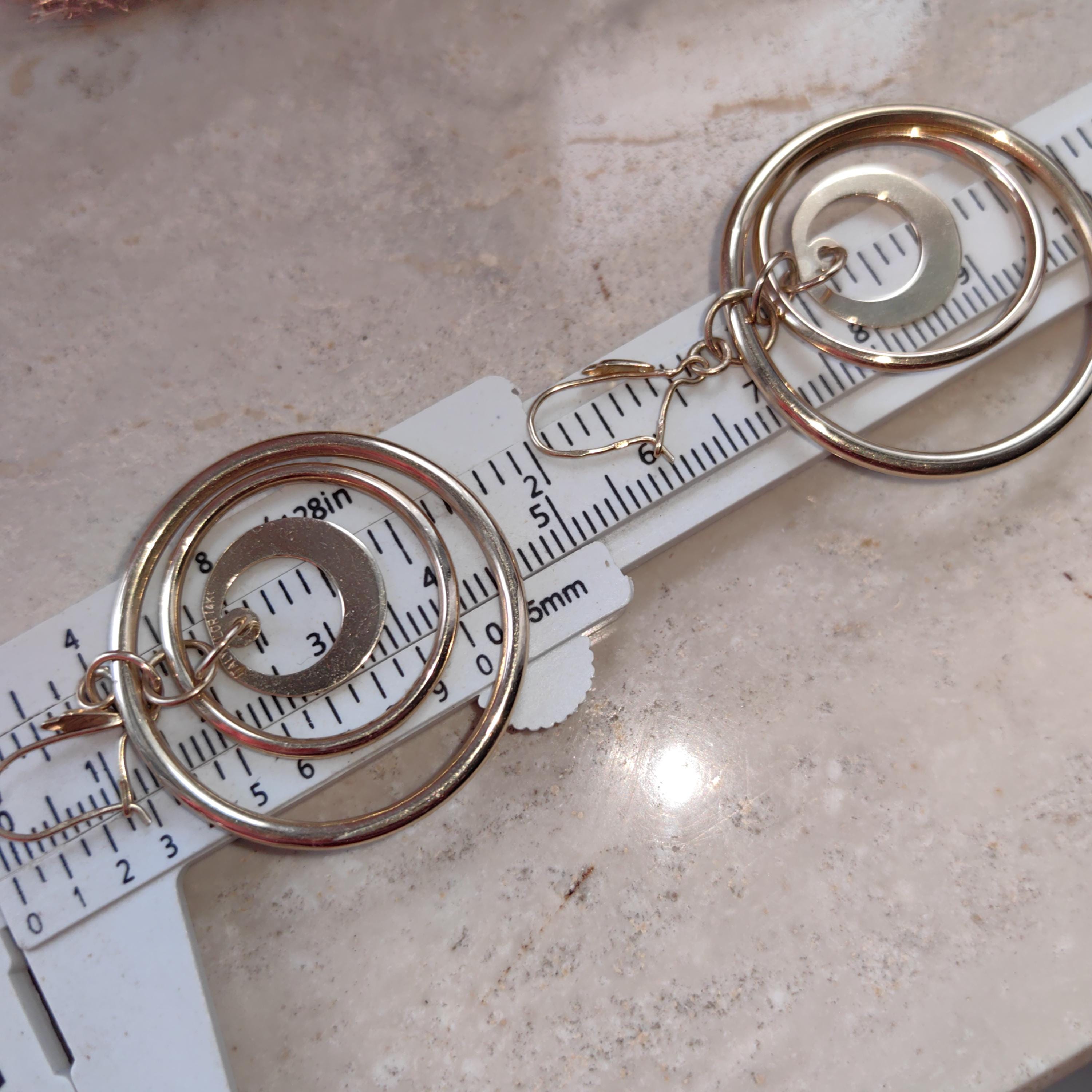 14k Yellow Gold Italy Round Dangle Drop Large Circle Hoop Gipsy Earrings Handmade Gift for Her Present