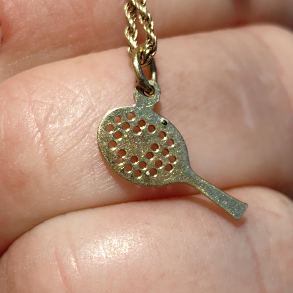 Vintage 14k Solid Yellow Gold Tennis Racket Sports Lover Necklace Pendant Red Heart Hand Painted Fire Enamel Charm Gift for Tennis Player