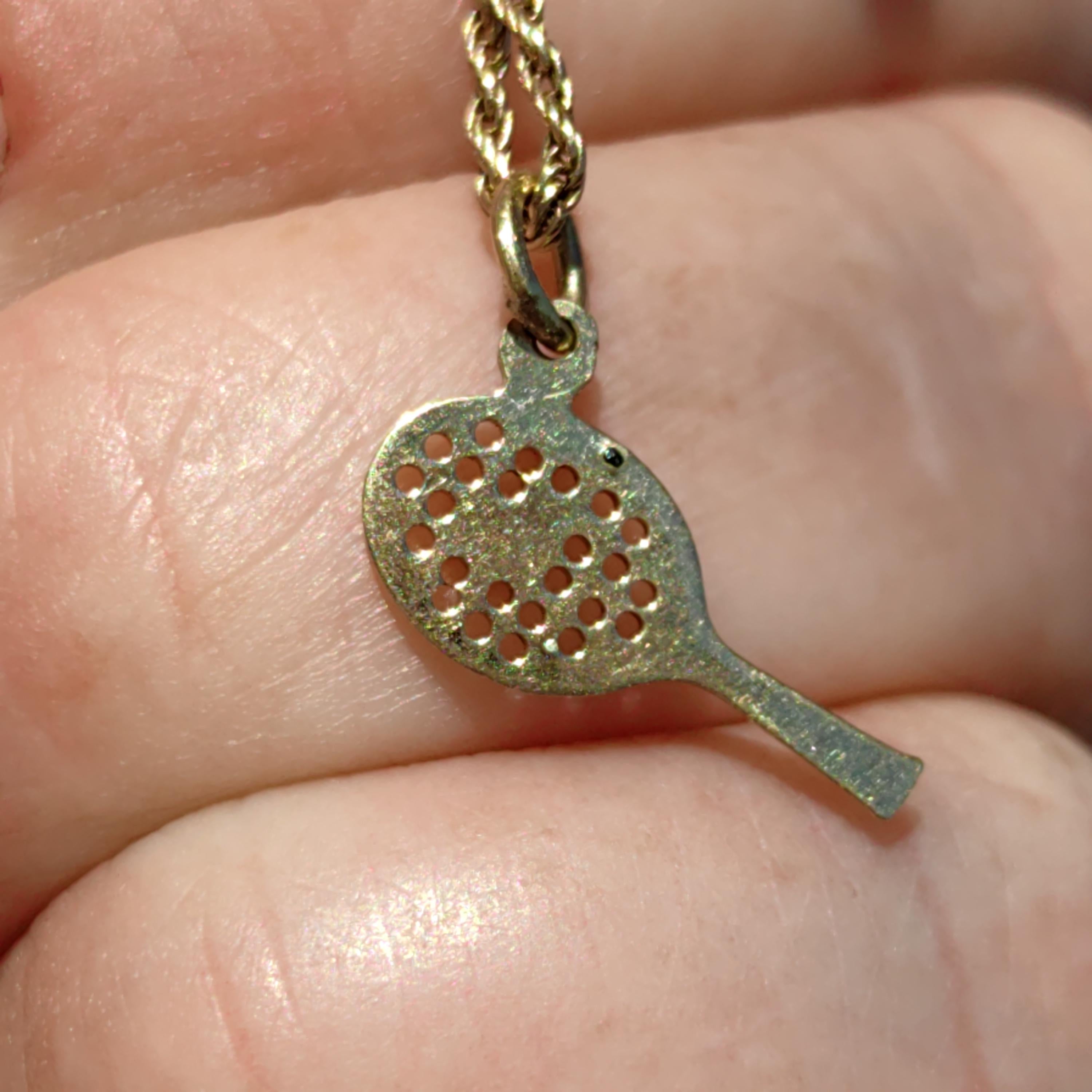 Vintage 14k Solid Yellow Gold Tennis Racket Sports Lover Necklace Pendant Red Heart Hand Painted Fire Enamel Charm Gift for Tennis Player