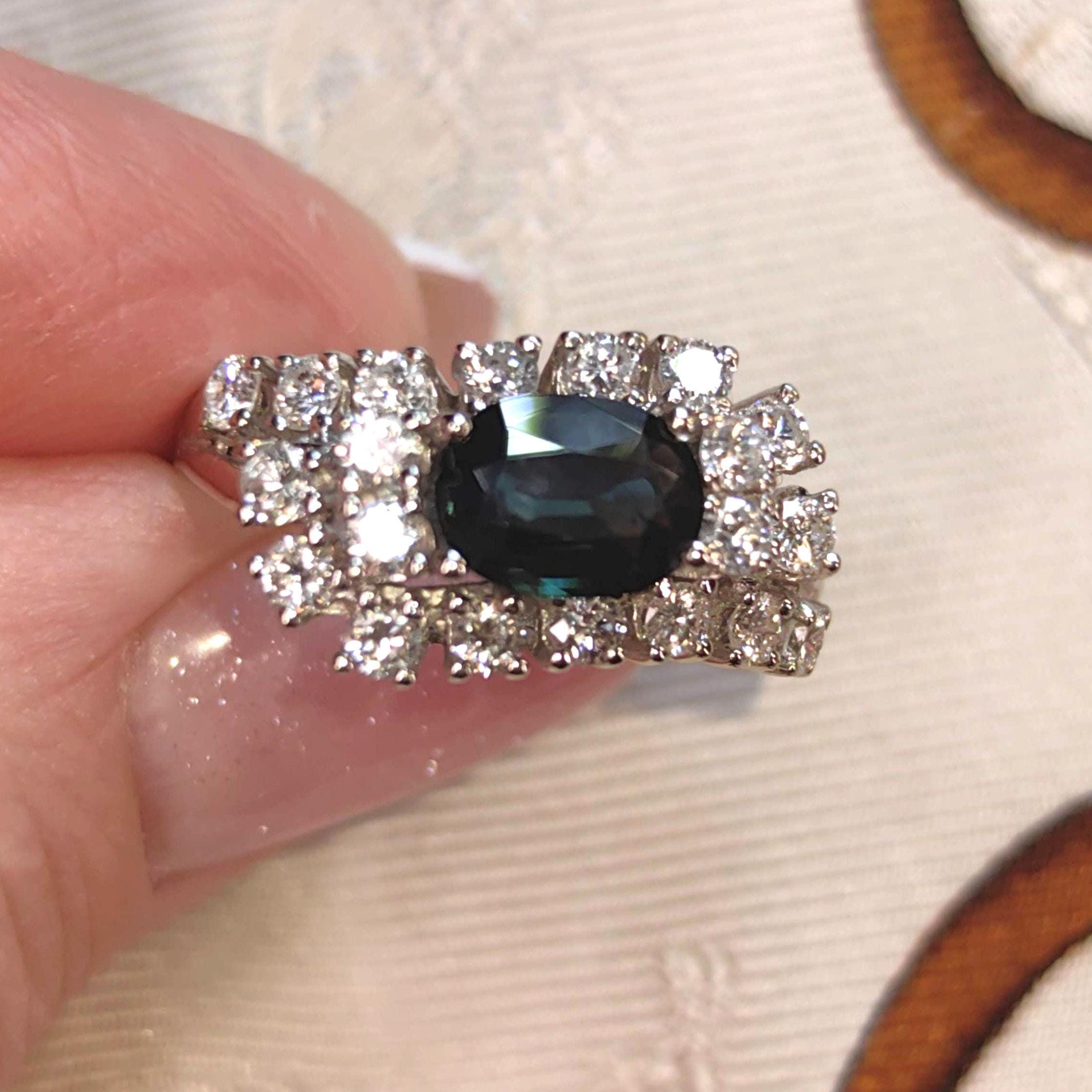 Vintage Mid-Century Sapphire Diamond Ring: 14k White Gold Engagement Ring