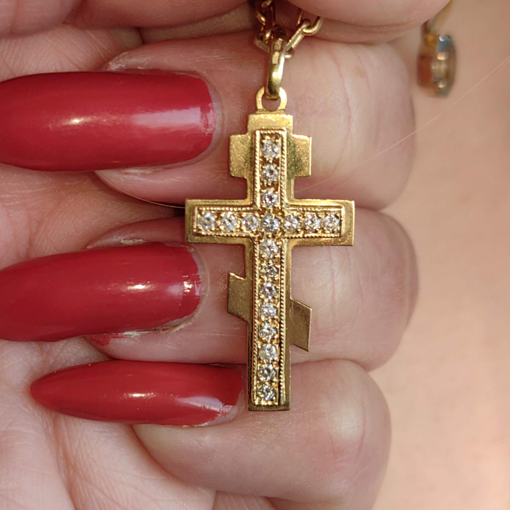 Diamond Orthodox Cross Pendant: 18K Yellow Gold Byzantine Necklace