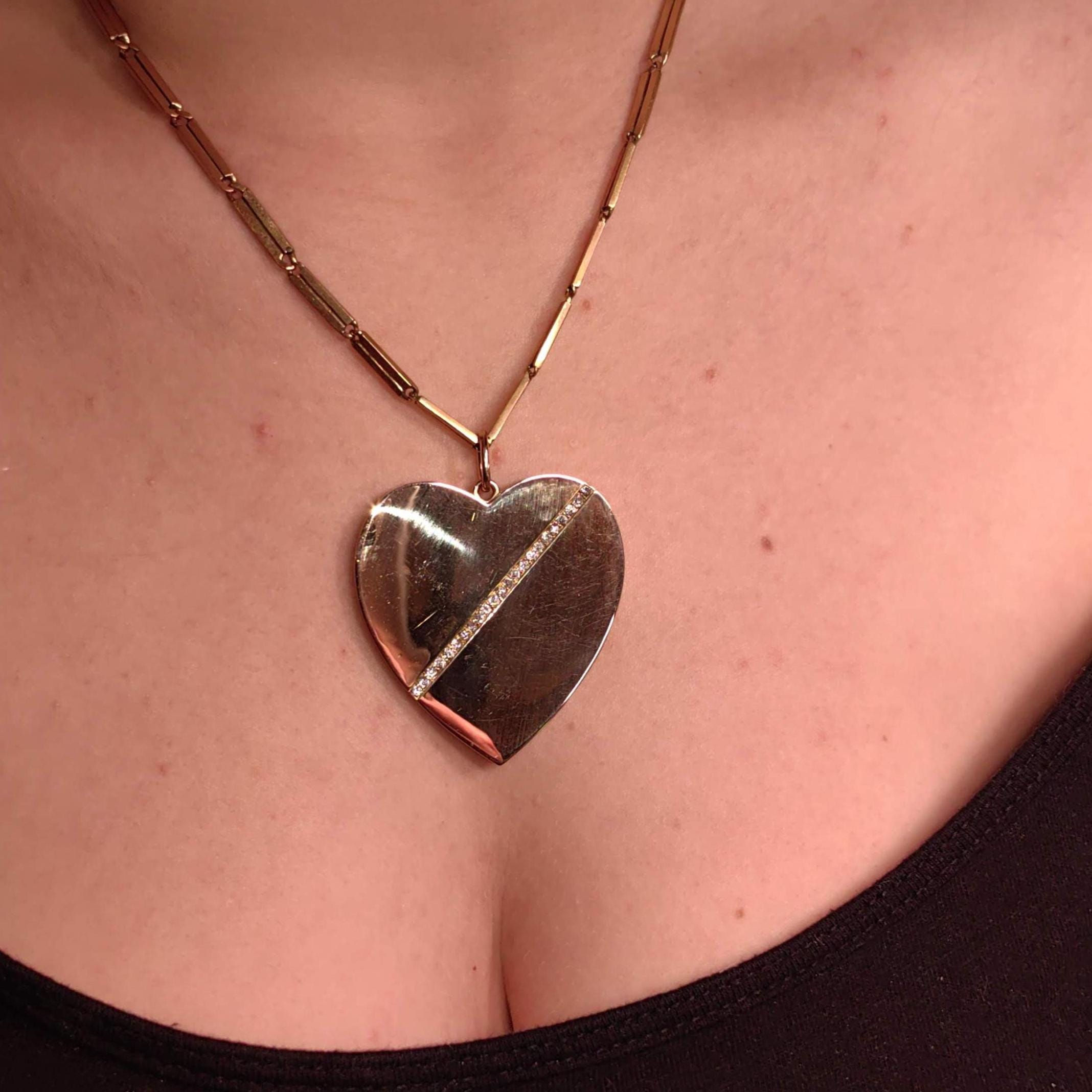 Diamond Heart Locked Pendant Solid 14k Gold Large Geometric Statement Jewelry